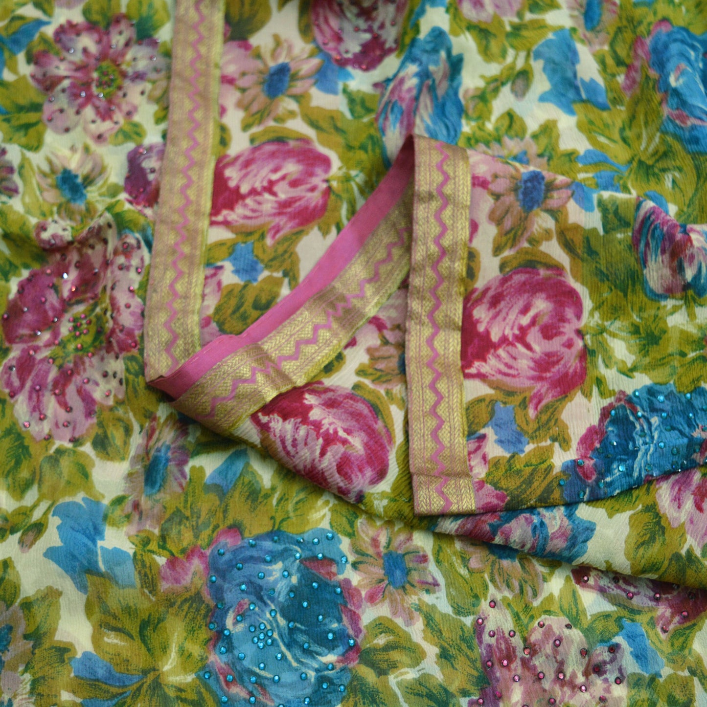 Women Vintage Sari Ivory Pure Chiffon Silk Beaded Printed Saree Craft Fabric Sewing 5Yard Soft Light Dress Making Floral Zari