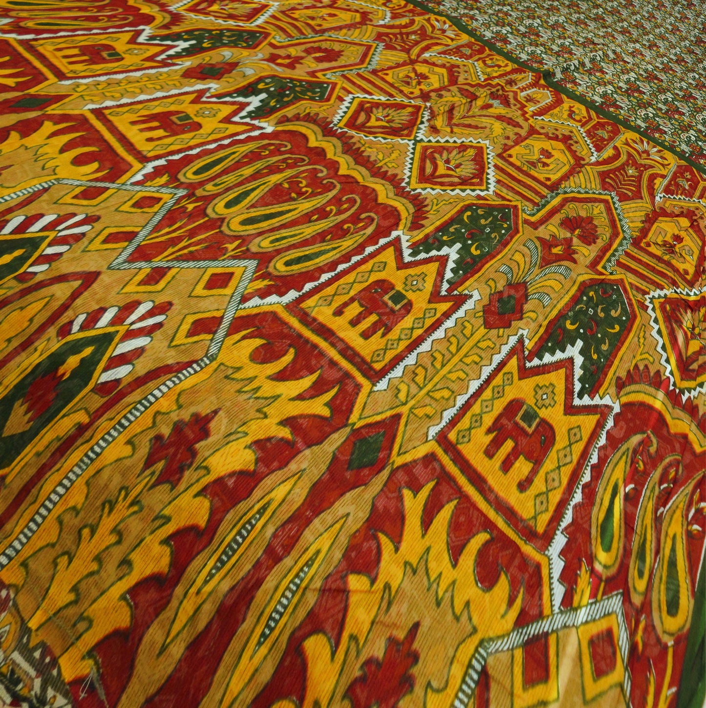 Indian Vintage Sari Green & Red Printed Pure Cotton Saree Craft Fabric 5Yard Sewing Sarong Wrap Boho Floral