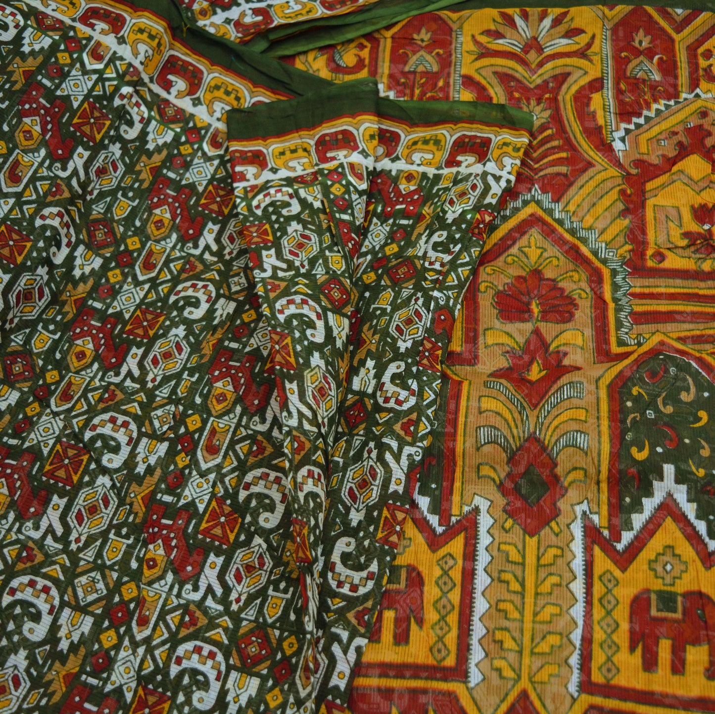 Indian Vintage Sari Green & Red Printed Pure Cotton Saree Craft Fabric 5Yard Sewing Sarong Wrap Boho Floral