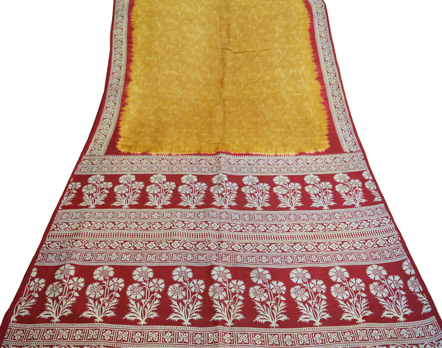 Indian Vintage Sari Mustard & Dark Red Pure Silk Printed Saree 5yd Sewing Craft Fabric DressMaking Floral