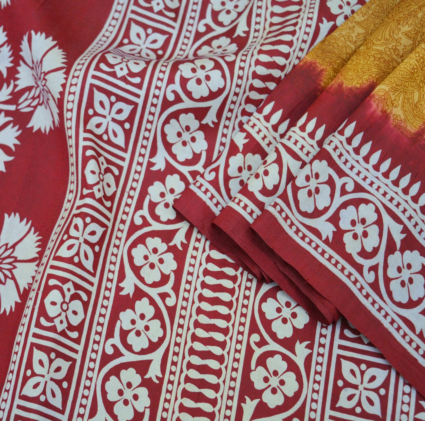 Indian Vintage Sari Mustard & Dark Red Pure Silk Printed Saree 5yd Sewing Craft Fabric DressMaking Floral