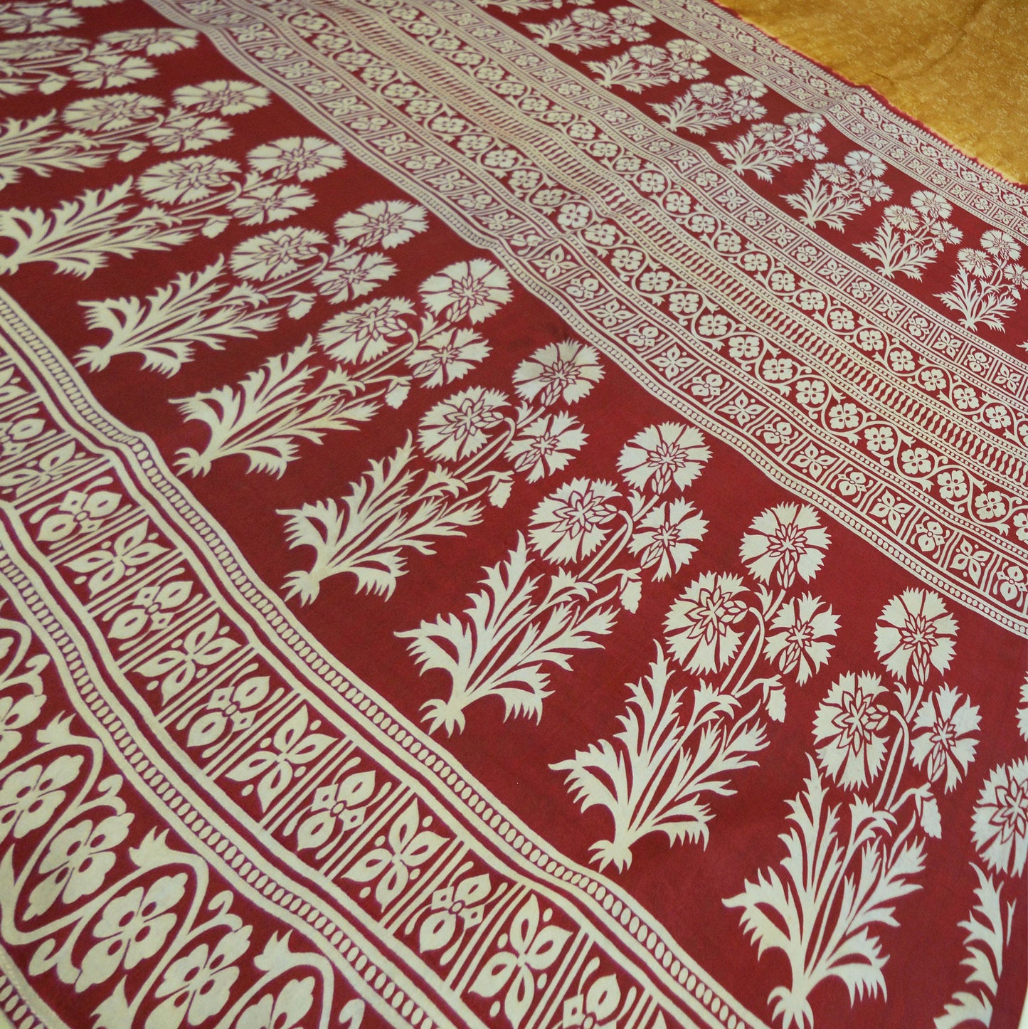 Indian Vintage Sari Mustard & Dark Red Pure Silk Printed Saree 5yd Sewing Craft Fabric DressMaking Floral