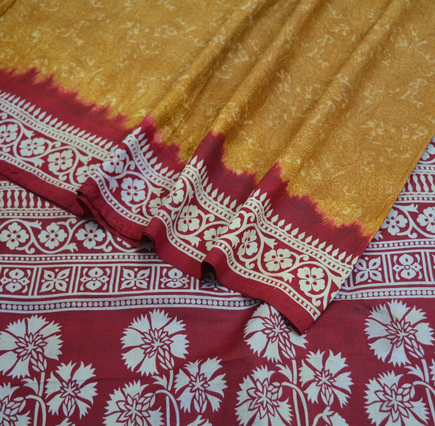 Indian Vintage Sari Mustard & Dark Red Pure Silk Printed Saree 5yd Sewing Craft Fabric DressMaking Floral
