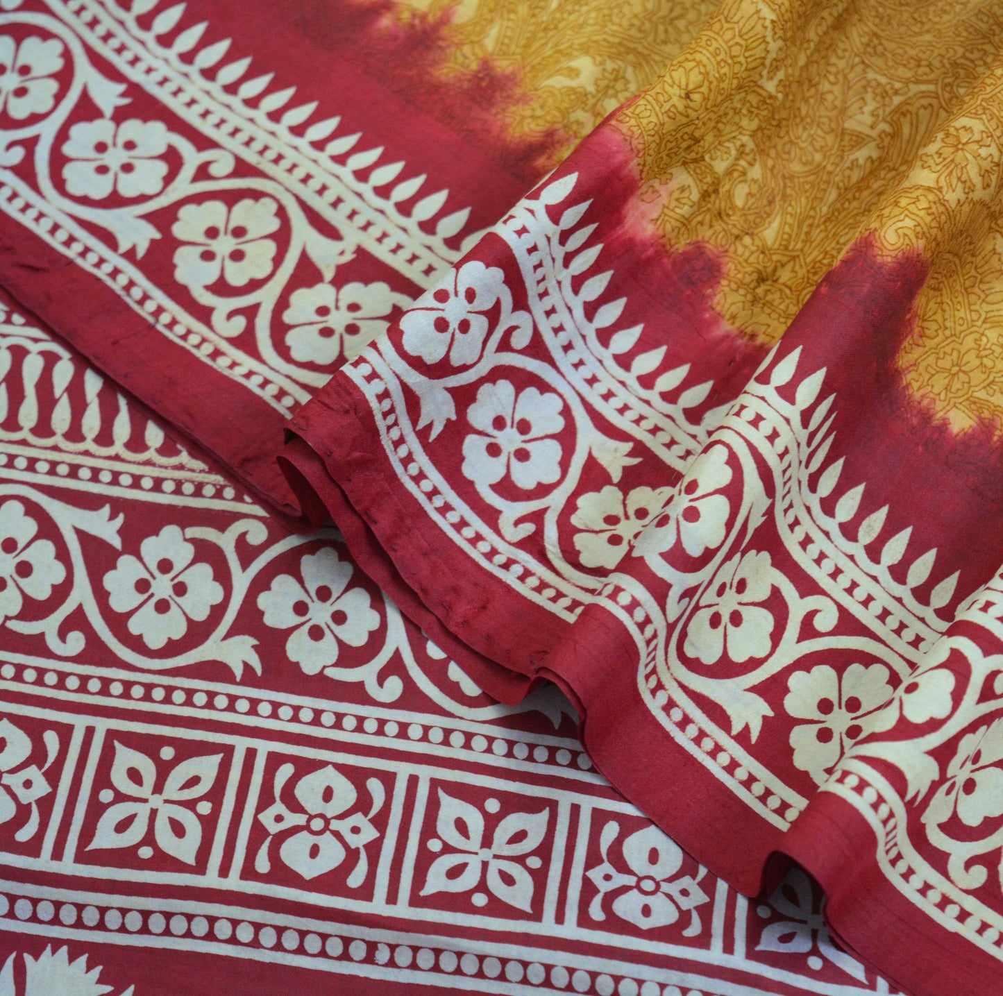 Indian Vintage Sari Mustard & Dark Red Pure Silk Printed Saree 5yd Sewing Craft Fabric DressMaking Floral