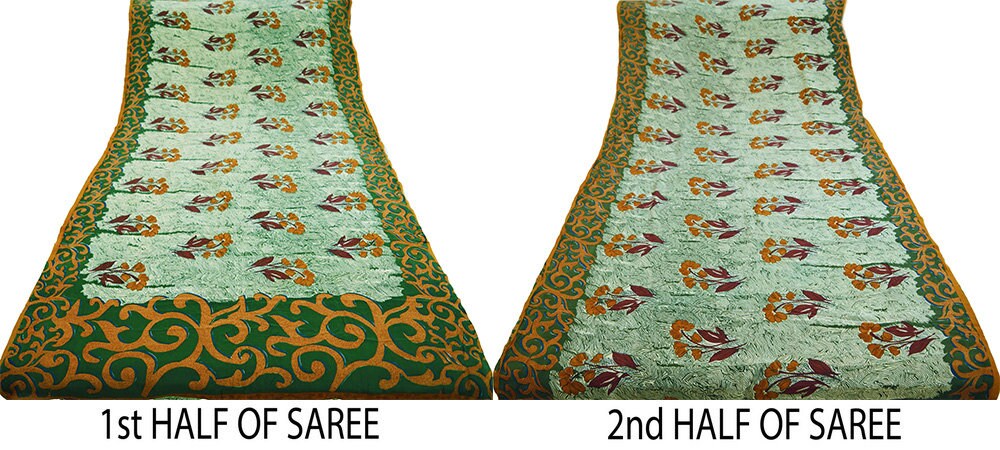 Indian Vintage Sari Ivory & Green Pure Crepe Silk Printed Saree 5yard Sewing Abstract Soft Craft Fabric Wrap