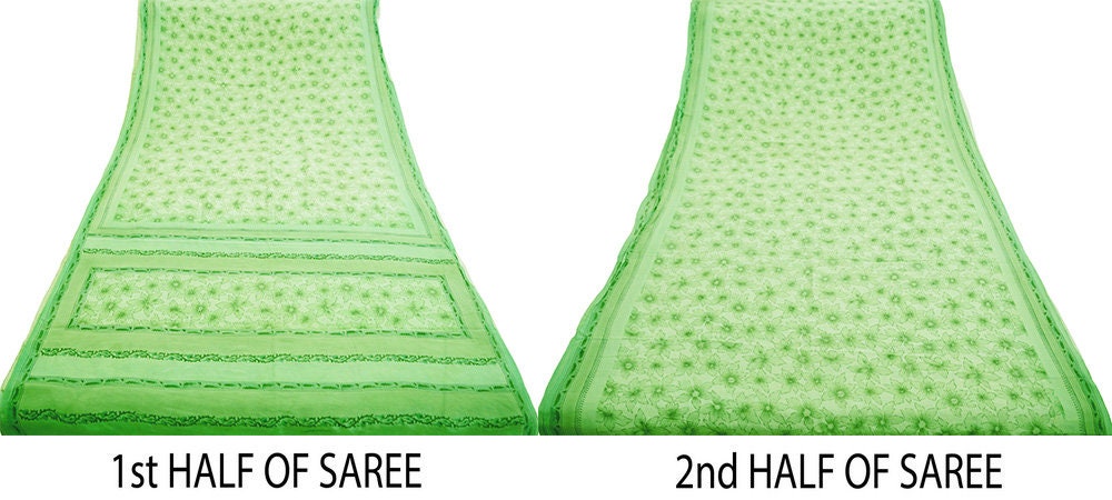 Indian Vintage Sari Ivory & Green Pure Crepe Silk Printed Saree 5yard Sewing Floral Soft Craft Fabric Wrap