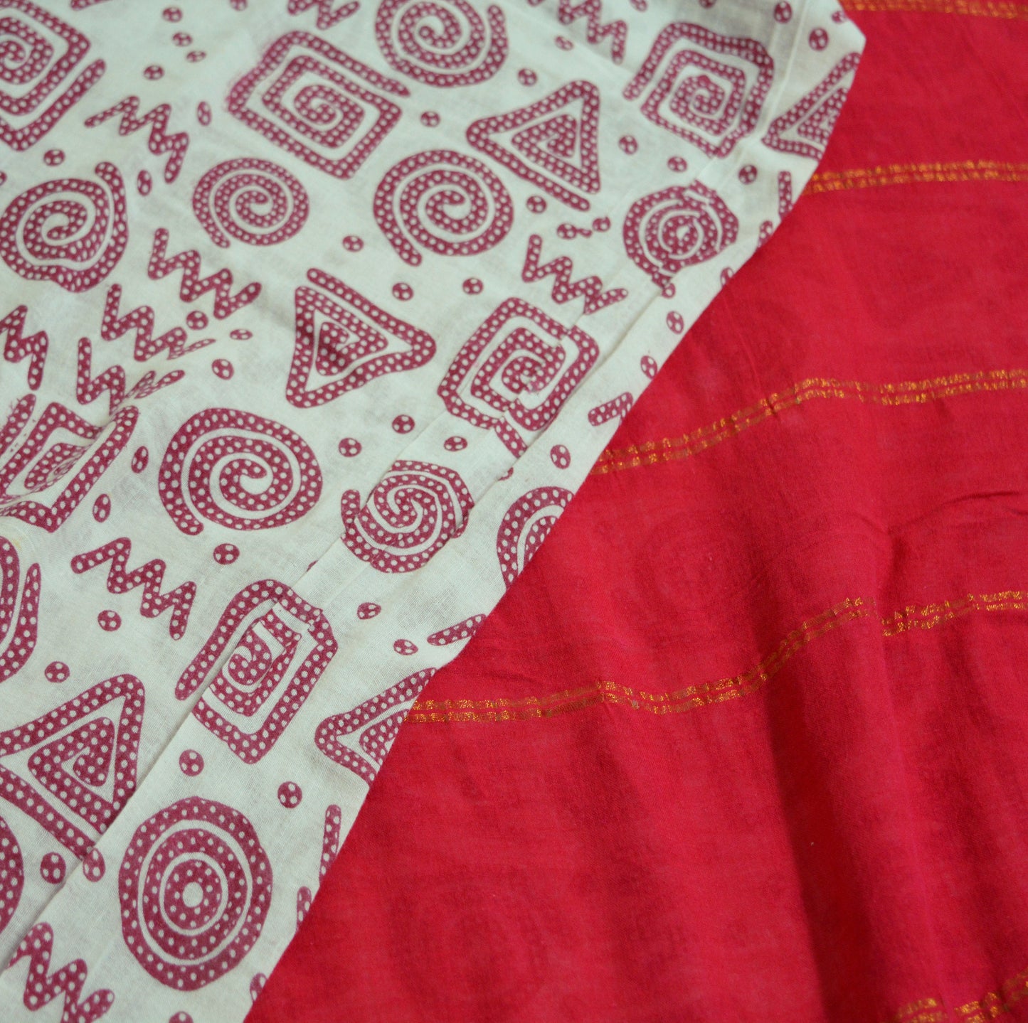 Indian Vintage Sari Red & White Printed 100% Pure Cotton Saree Craft Soft Fabric 5Yard Sewing Sarong Boho Geometric