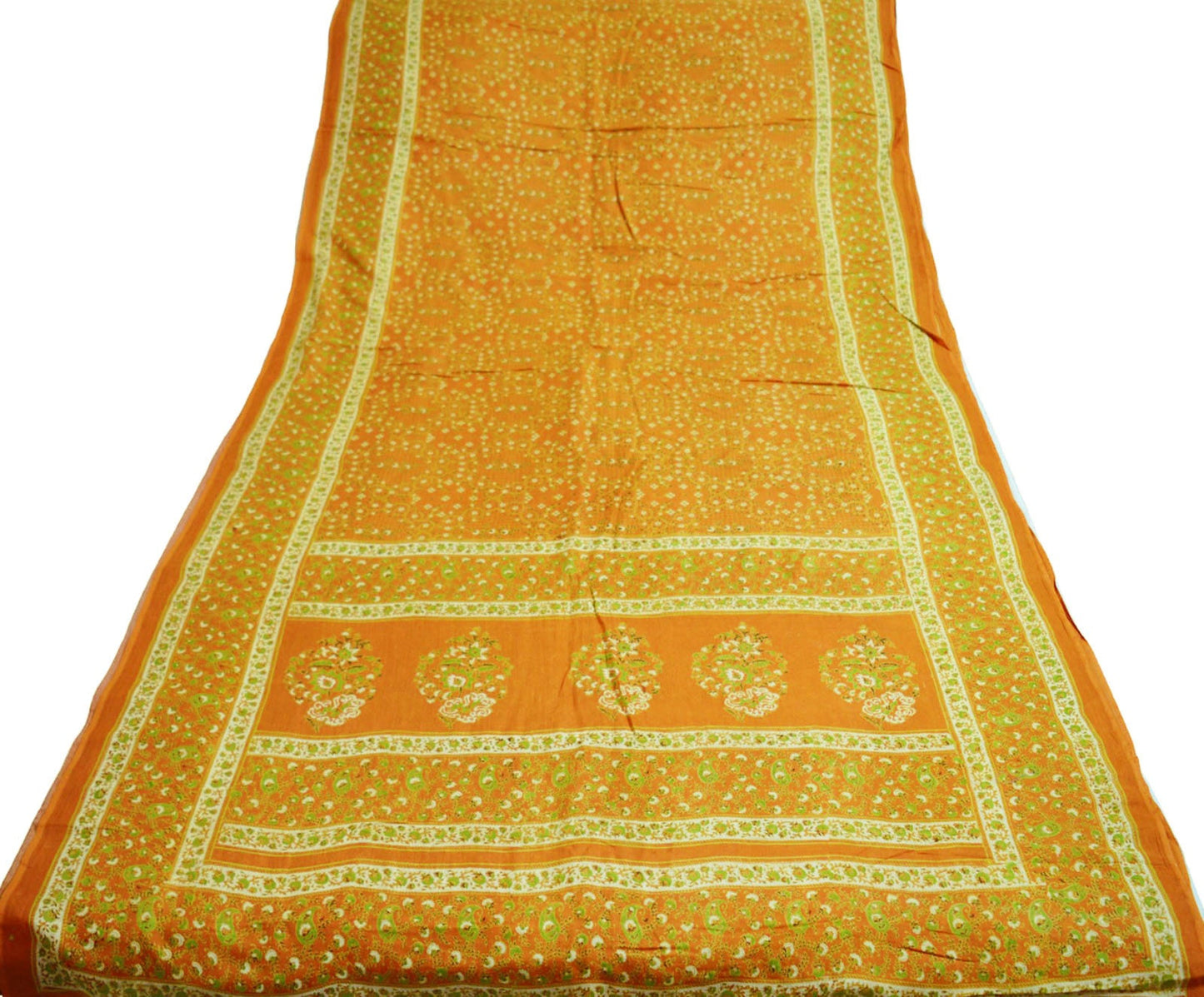 Indian Vintage Sari Saffron Pure Cotton Printed Saree Craft Soft Fabric 5Yard Sewing Sarong Wrap Paisley