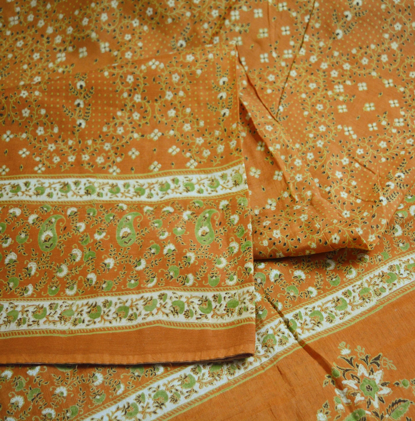Indian Vintage Sari Saffron Pure Cotton Printed Saree Craft Soft Fabric 5Yard Sewing Sarong Wrap Paisley