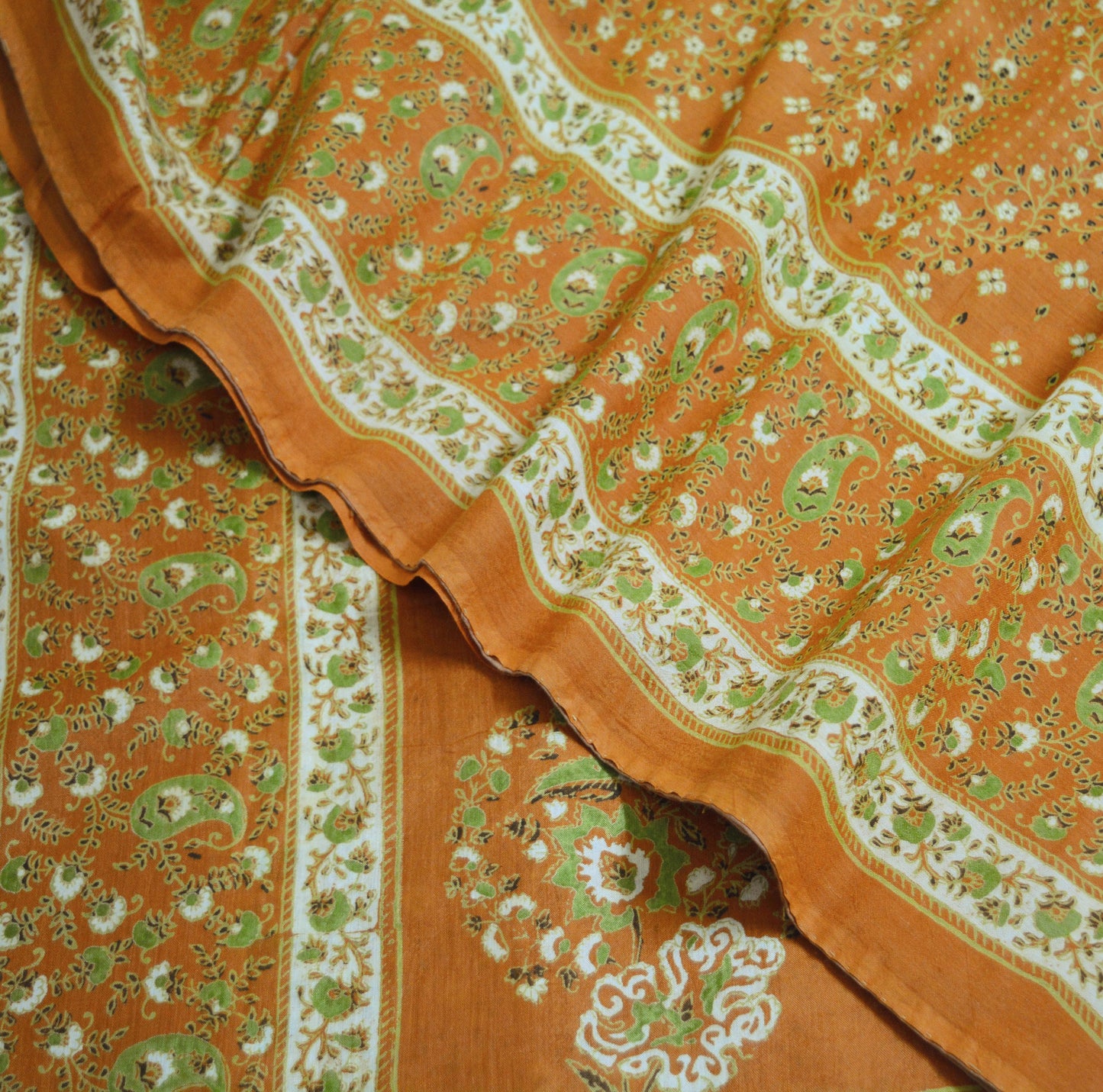 Indian Vintage Sari Saffron Pure Cotton Printed Saree Craft Soft Fabric 5Yard Sewing Sarong Wrap Paisley