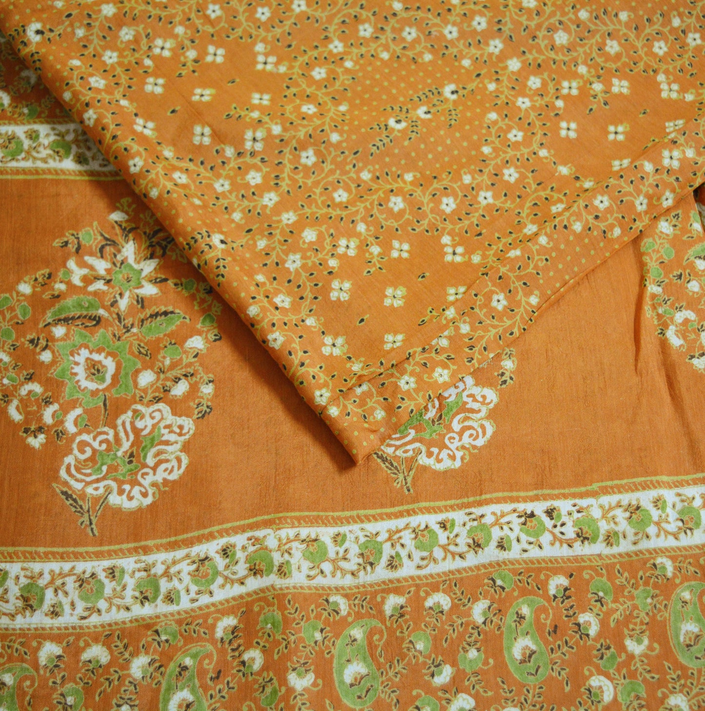 Indian Vintage Sari Saffron Pure Cotton Printed Saree Craft Soft Fabric 5Yard Sewing Sarong Wrap Paisley