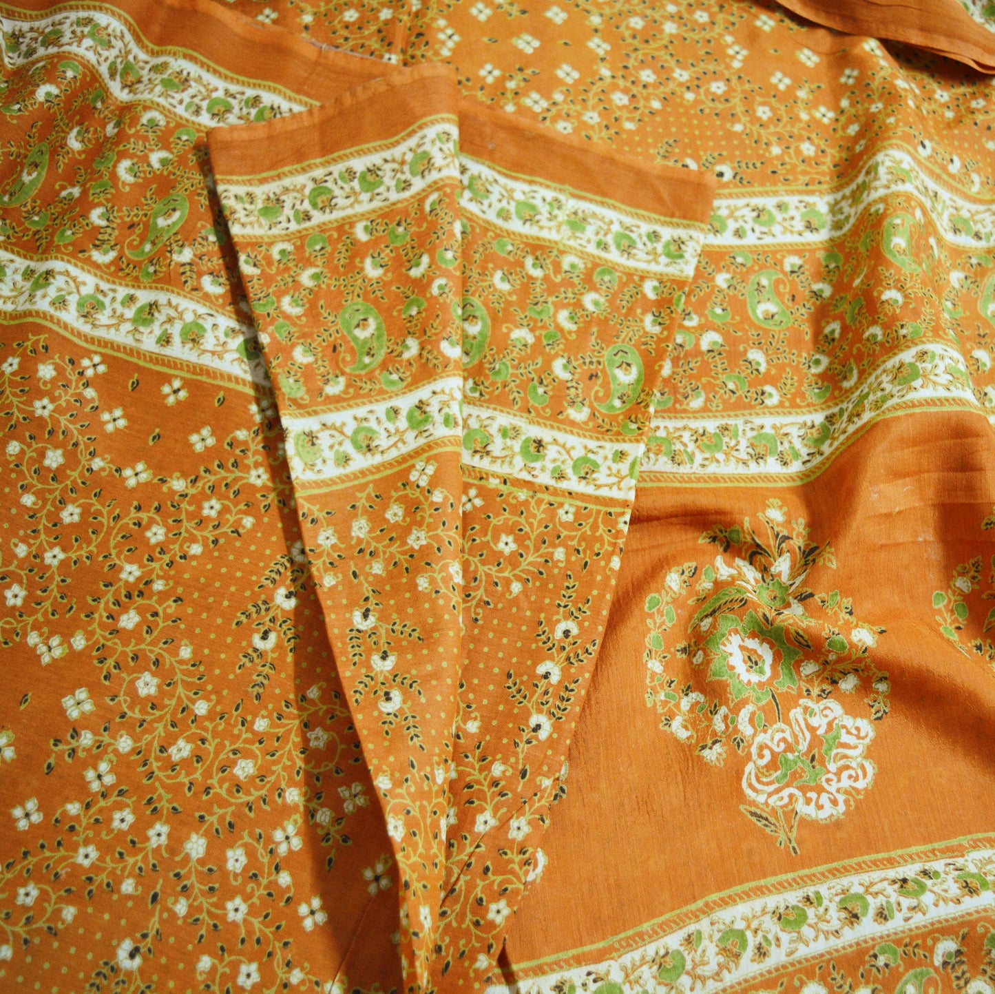 Indian Vintage Sari Saffron Pure Cotton Printed Saree Craft Soft Fabric 5Yard Sewing Sarong Wrap Paisley