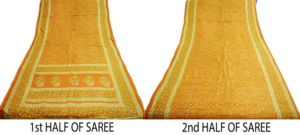 Indian Vintage Sari Saffron Pure Cotton Printed Saree Craft Soft Fabric 5Yard Sewing Sarong Wrap Paisley