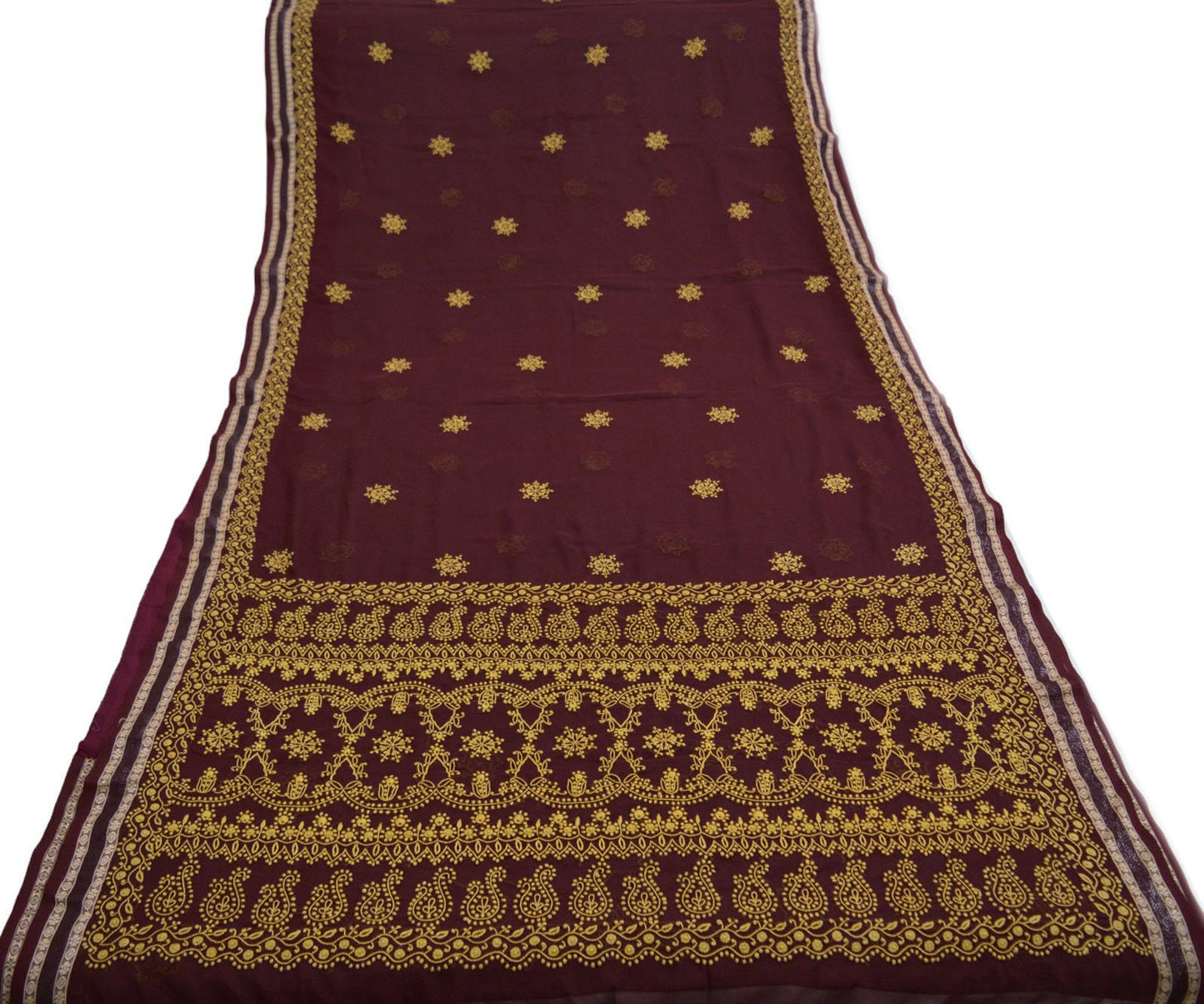 Indian Vintage Sari Maroon Georgette Hand Embroidered Saree Fabric 5Yd Sewing Soft Sequins