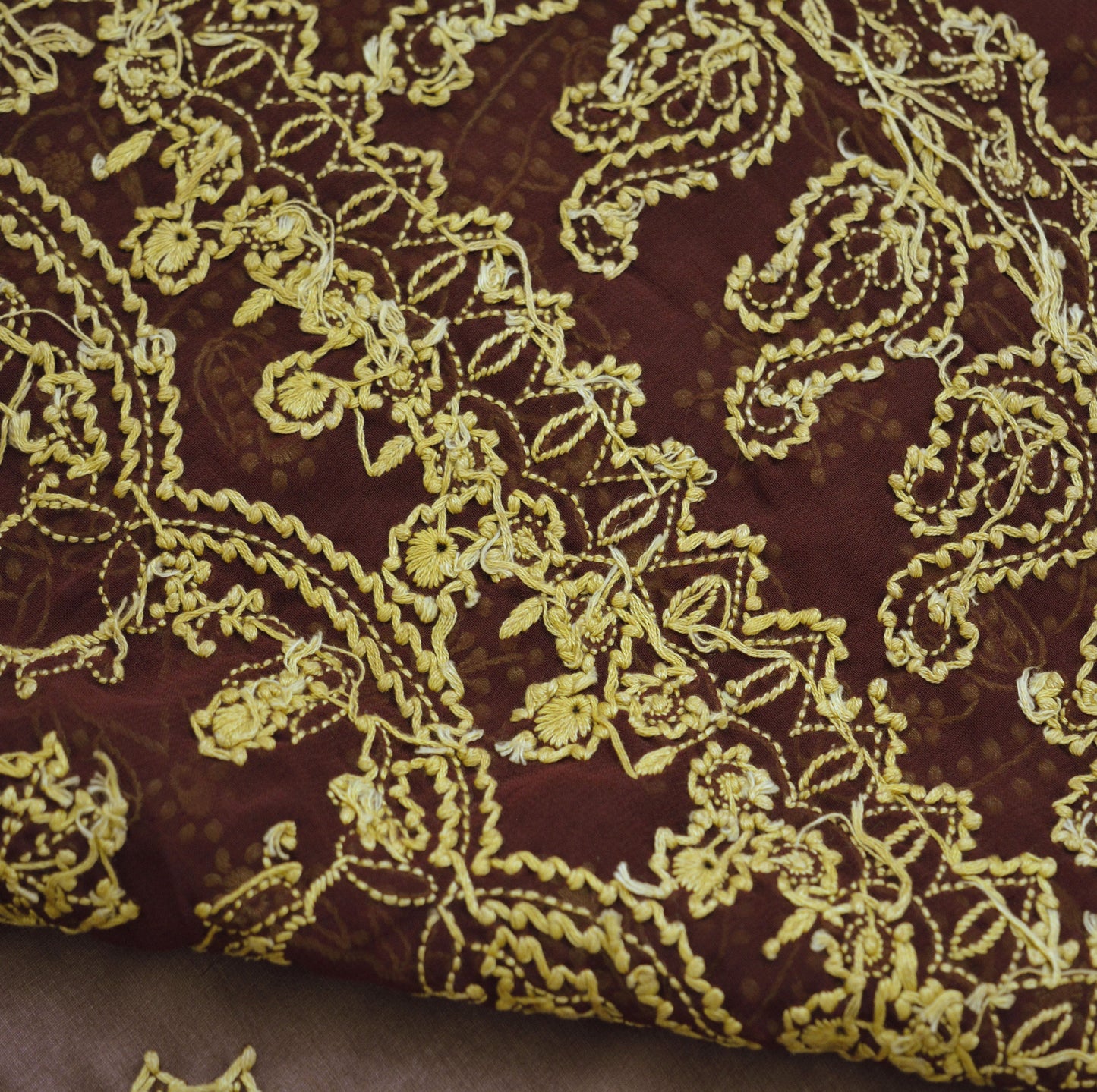 Indian Vintage Sari Maroon Georgette Hand Embroidered Saree Fabric 5Yd Sewing Soft Sequins