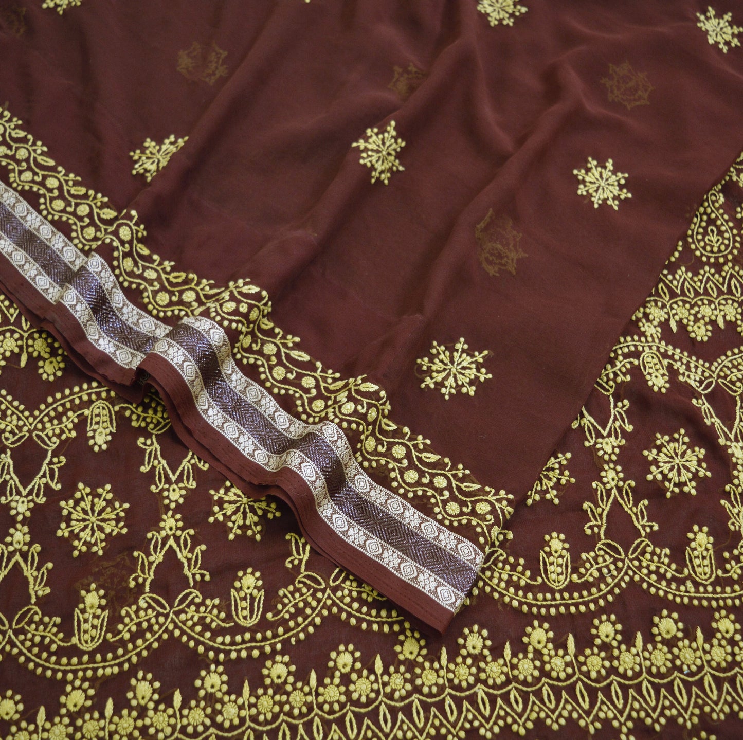 Indian Vintage Sari Maroon Georgette Hand Embroidered Saree Fabric 5Yd Sewing Soft Sequins