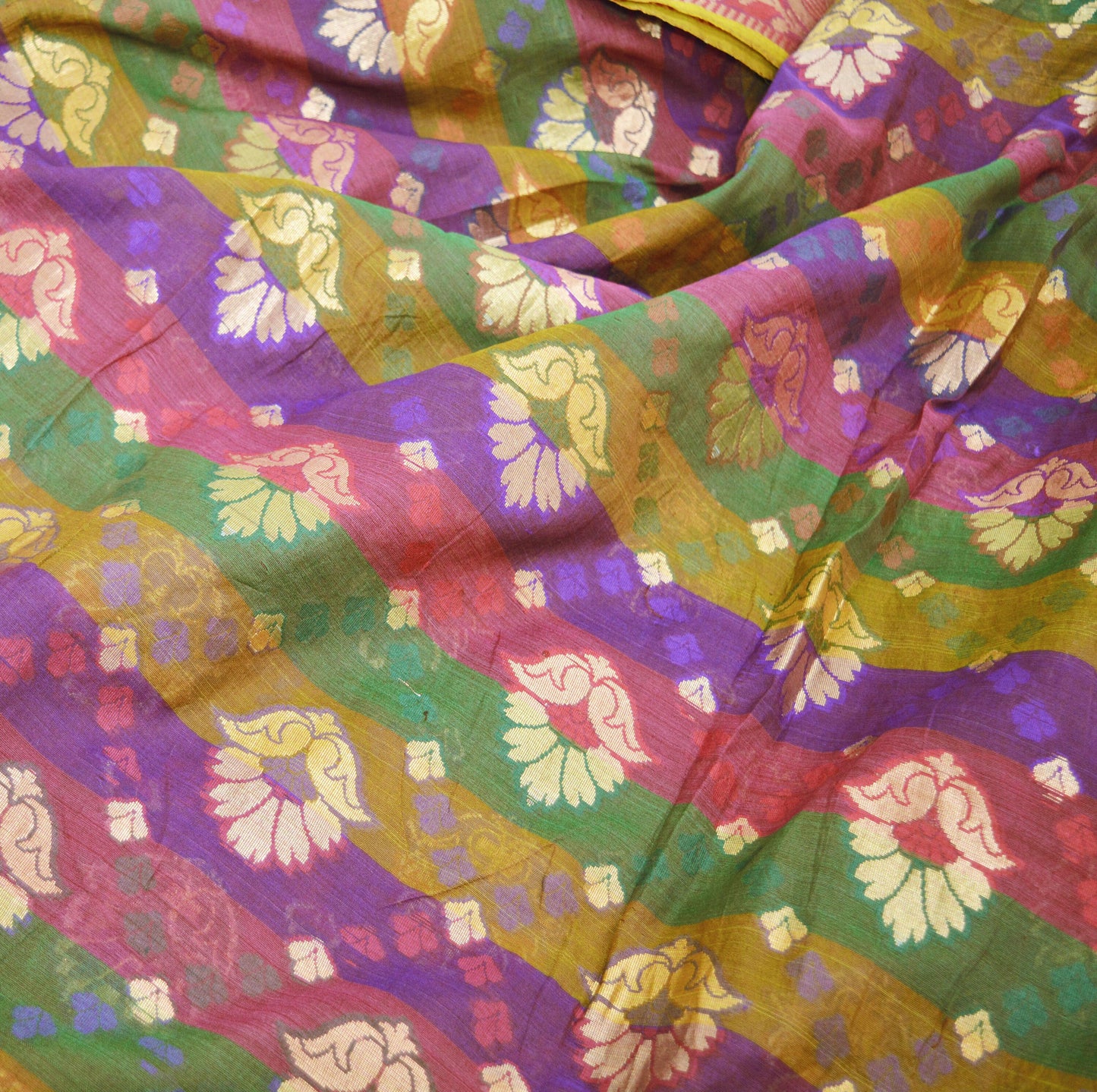 Vintage Sari Multi Hand Woven Art Silk Saree Metallic Golden Zari 5Yard Floral