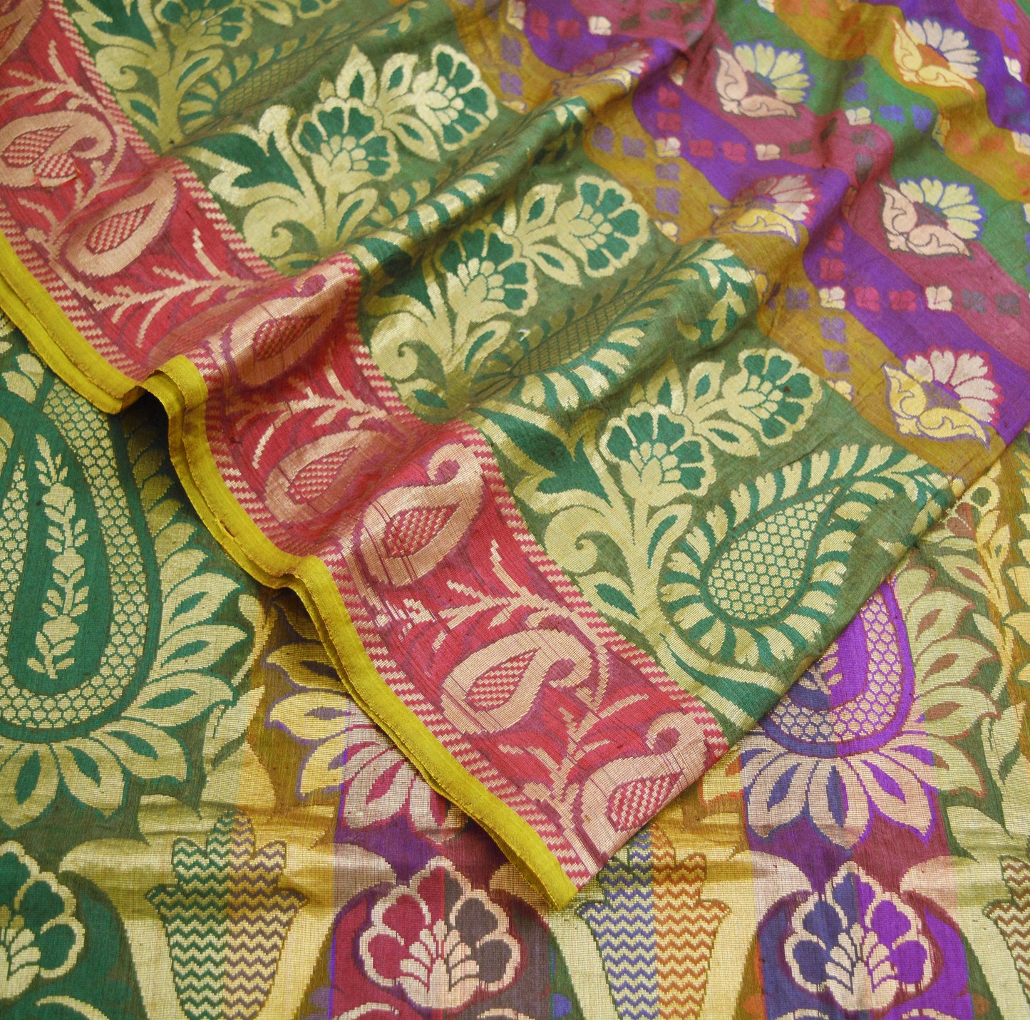 Vintage Sari Multi Hand Woven Art Silk Saree Metallic Golden Zari 5Yard Floral
