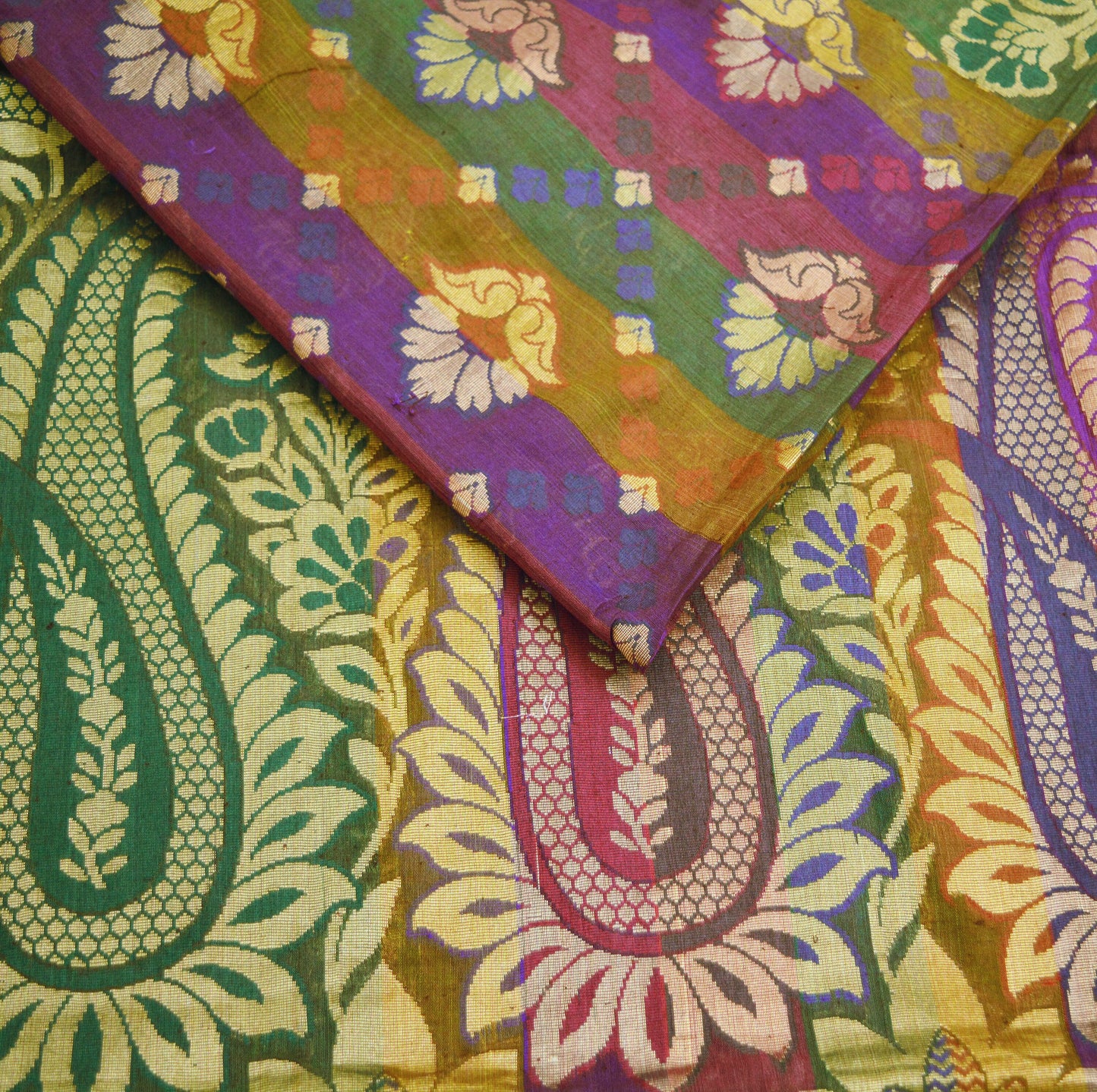 Vintage Sari Multi Hand Woven Art Silk Saree Metallic Golden Zari 5Yard Floral
