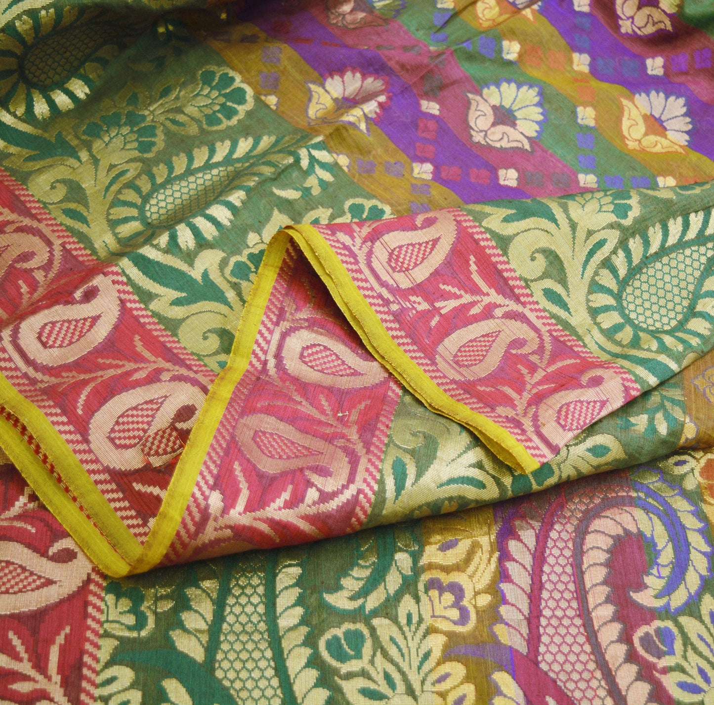 Vintage Sari Multi Hand Woven Art Silk Saree Metallic Golden Zari 5Yard Floral