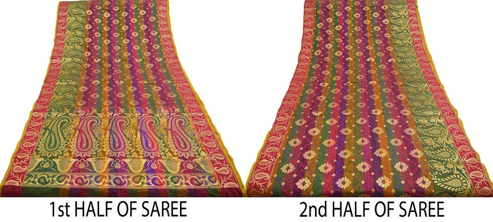Vintage Sari Multi Hand Woven Art Silk Saree Metallic Golden Zari 5Yard Floral