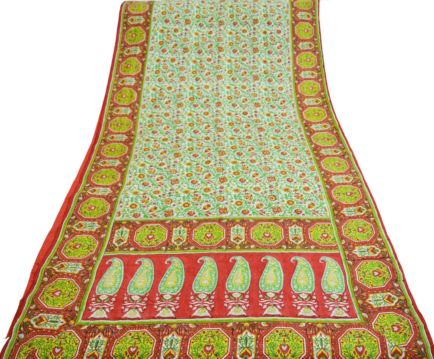 Indian Vintage Sari Ivory & Red Pure Silk Printed Saree 5yd Sewing Craft Fabric DressMaking Soft Wrap Upcycle Used Quilting