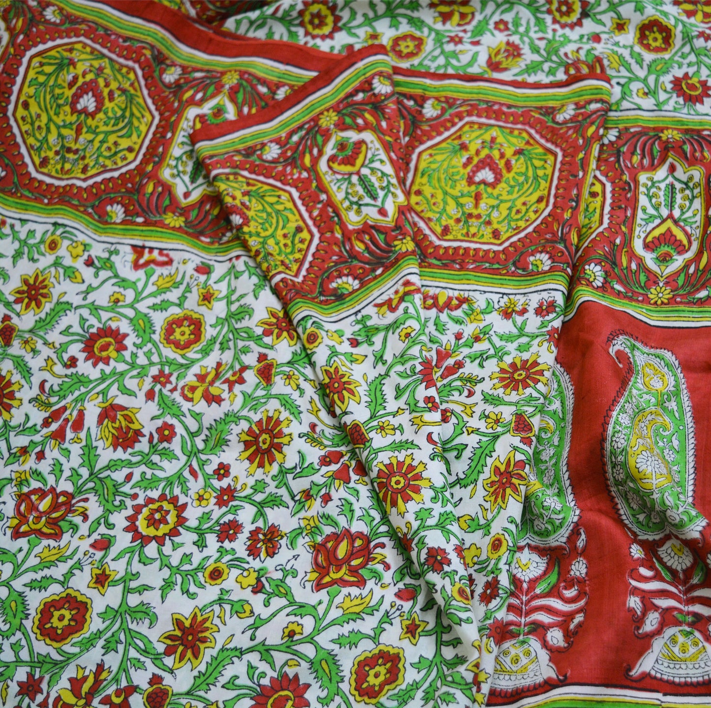 Indian Vintage Sari Ivory & Red Pure Silk Printed Saree 5yd Sewing Craft Fabric DressMaking Soft Wrap Upcycle Used Quilting