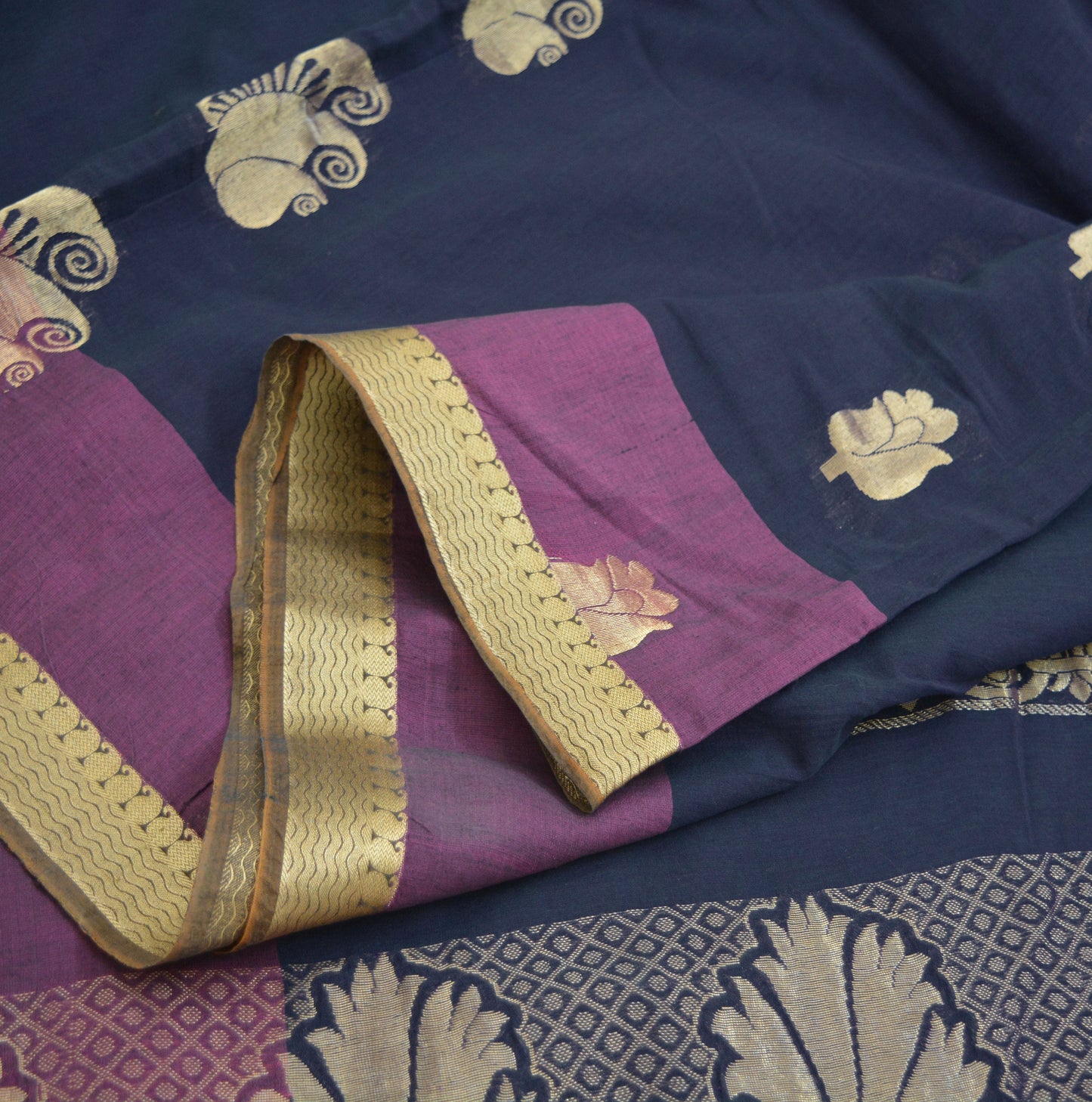 Indian Vintage Sari Blue Pure Silk Hand Woven Sarees Fabric 6Yard Sewing Ethnic Floral