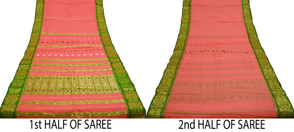 Vintage Sari Peach Pure Cotton Hand Woven Saree Zari 5Yard Soft Floral Ethnic Fringes