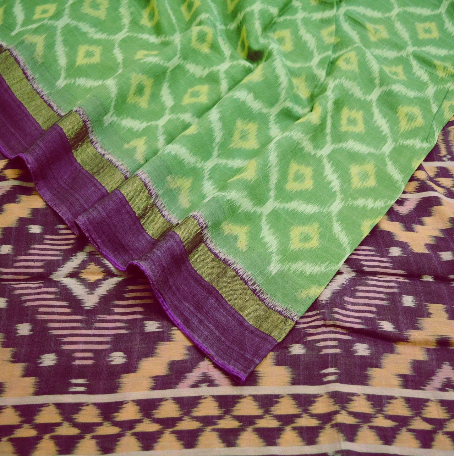 Vintage Green & Purple Hand woven Sambalpuri Ikat Saree Pure Silk Indian Sari Fabric 5Yd Ethnic Chackra Border Indian Sari