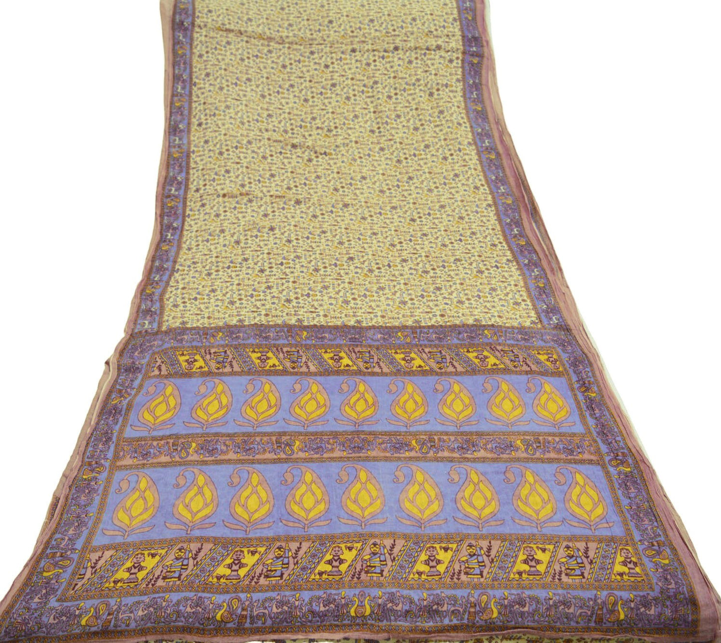 Indian Vintage Sari Brown & Ivory Warli Printed Pure Cotton Saree Craft Soft Fabric 5Yard Sewing Sarong Wrap Boho Floral