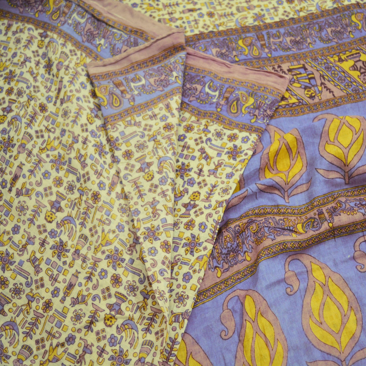 Indian Vintage Sari Brown & Ivory Warli Printed Pure Cotton Saree Craft Soft Fabric 5Yard Sewing Sarong Wrap Boho Floral