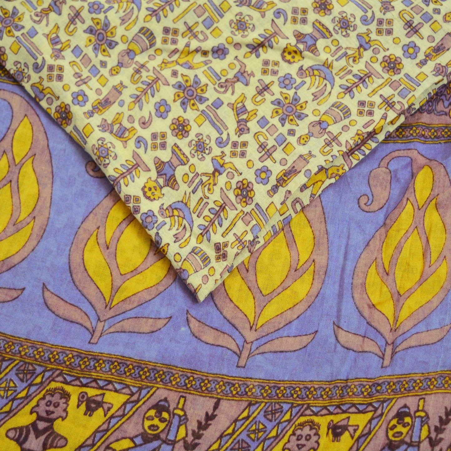 Indian Vintage Sari Brown & Ivory Warli Printed Pure Cotton Saree Craft Soft Fabric 5Yard Sewing Sarong Wrap Boho Floral