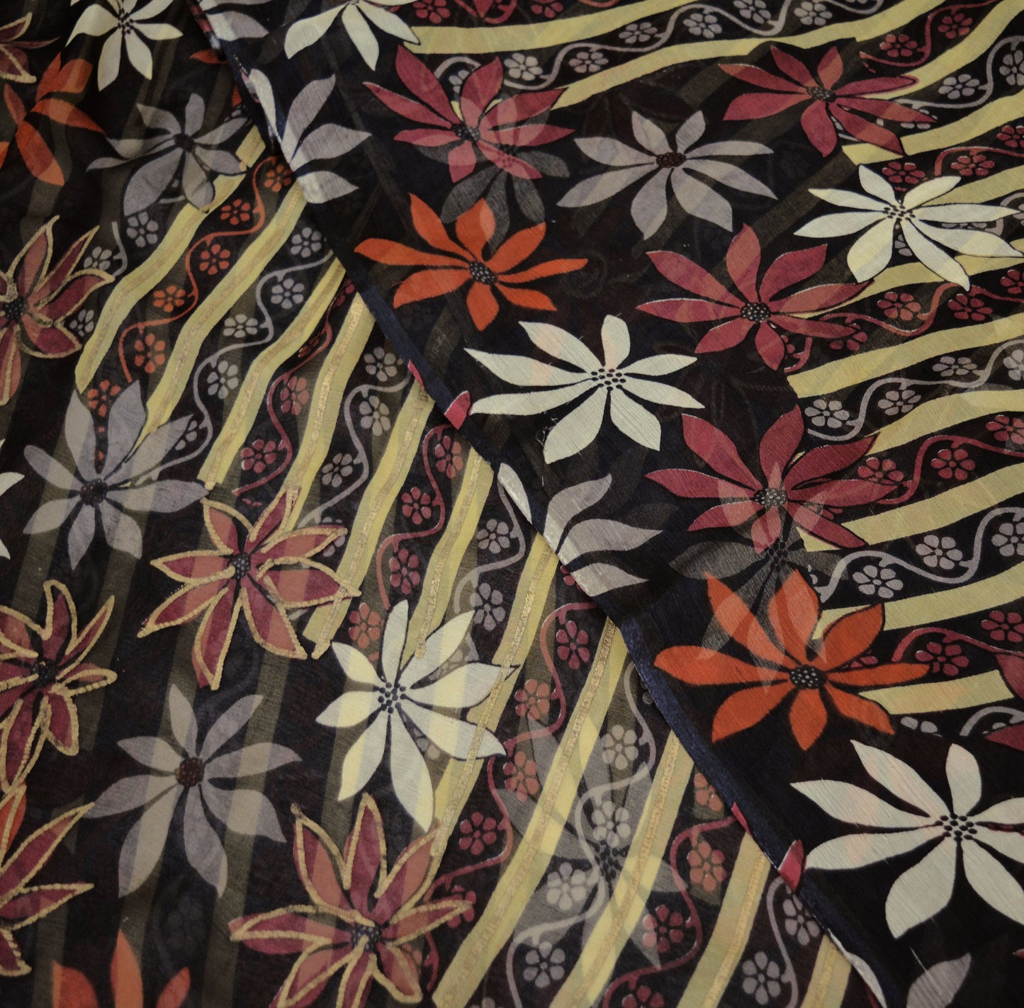Indian Vintage Sari Black Pure Chiffon Silk hand Painted Saree Craft Fabric Sewing 5Yard Soft Light Sari Floral Dress Making