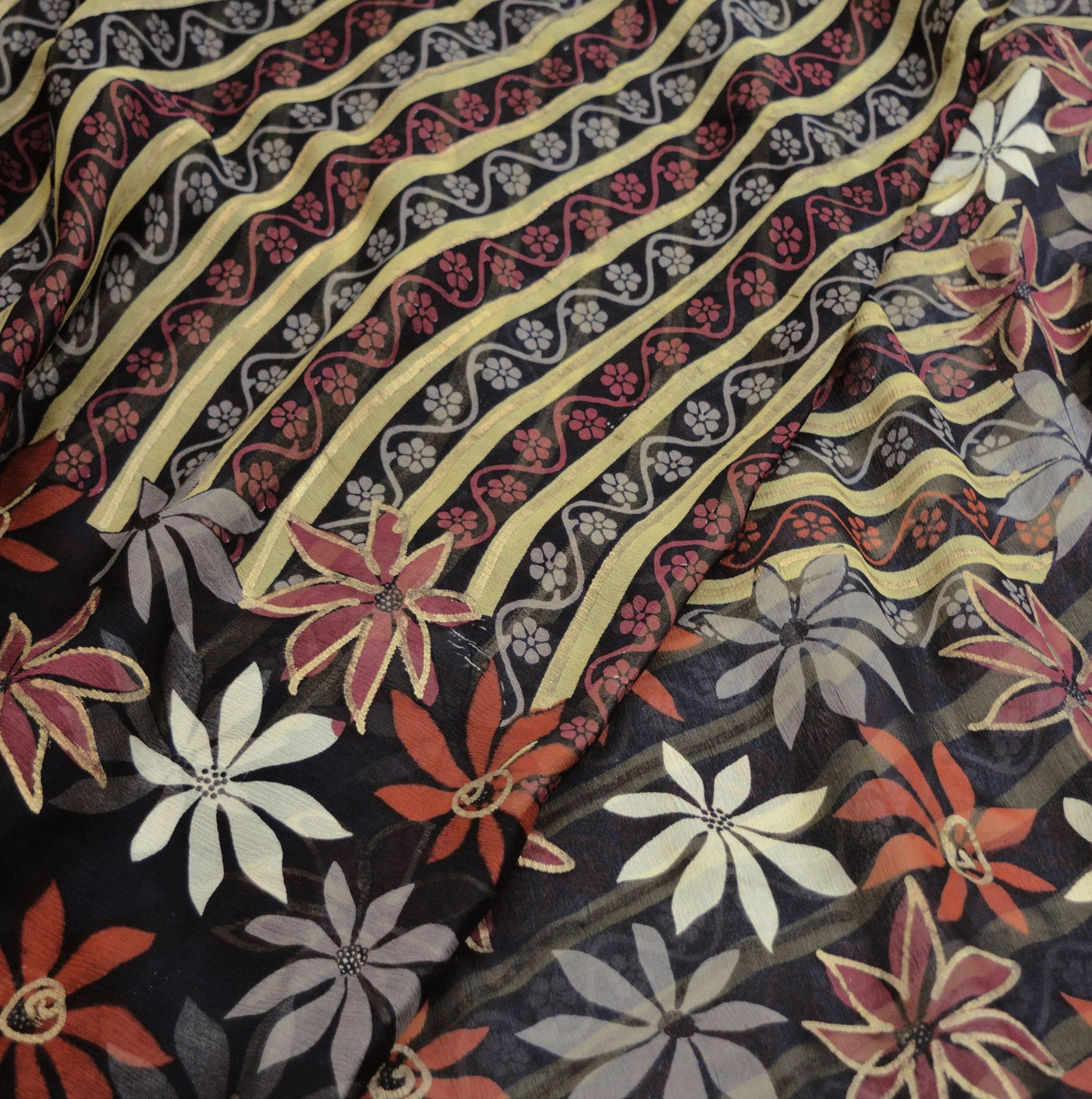 Indian Vintage Sari Black Pure Chiffon Silk hand Painted Saree Craft Fabric Sewing 5Yard Soft Light Sari Floral Dress Making