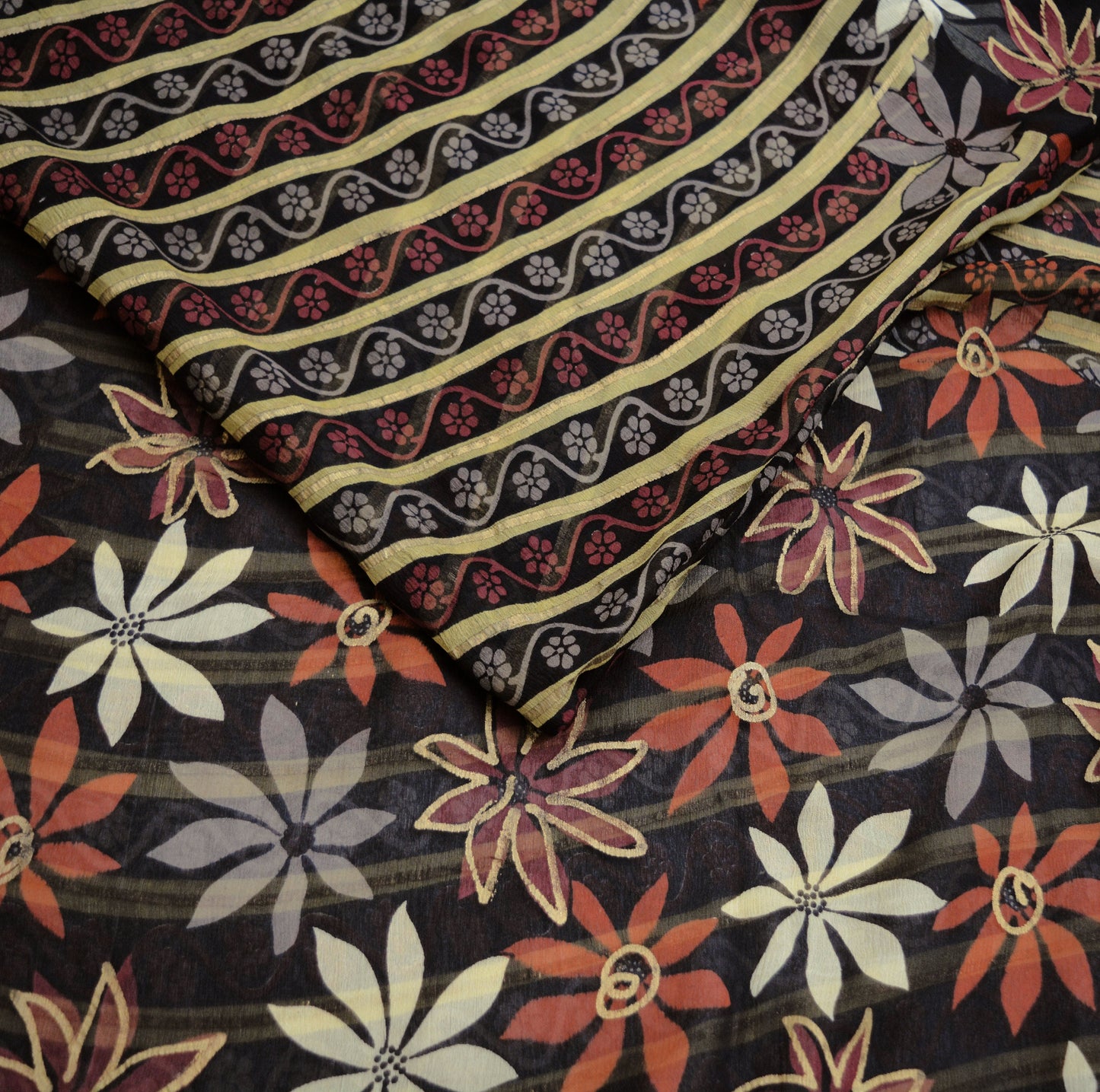 Indian Vintage Sari Black Pure Chiffon Silk hand Painted Saree Craft Fabric Sewing 5Yard Soft Light Sari Floral Dress Making
