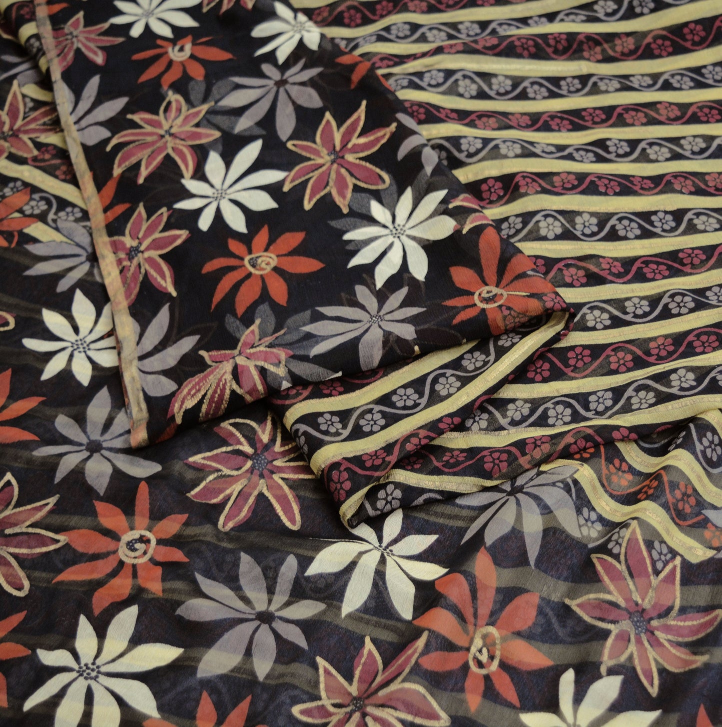 Indian Vintage Sari Black Pure Chiffon Silk hand Painted Saree Craft Fabric Sewing 5Yard Soft Light Sari Floral Dress Making