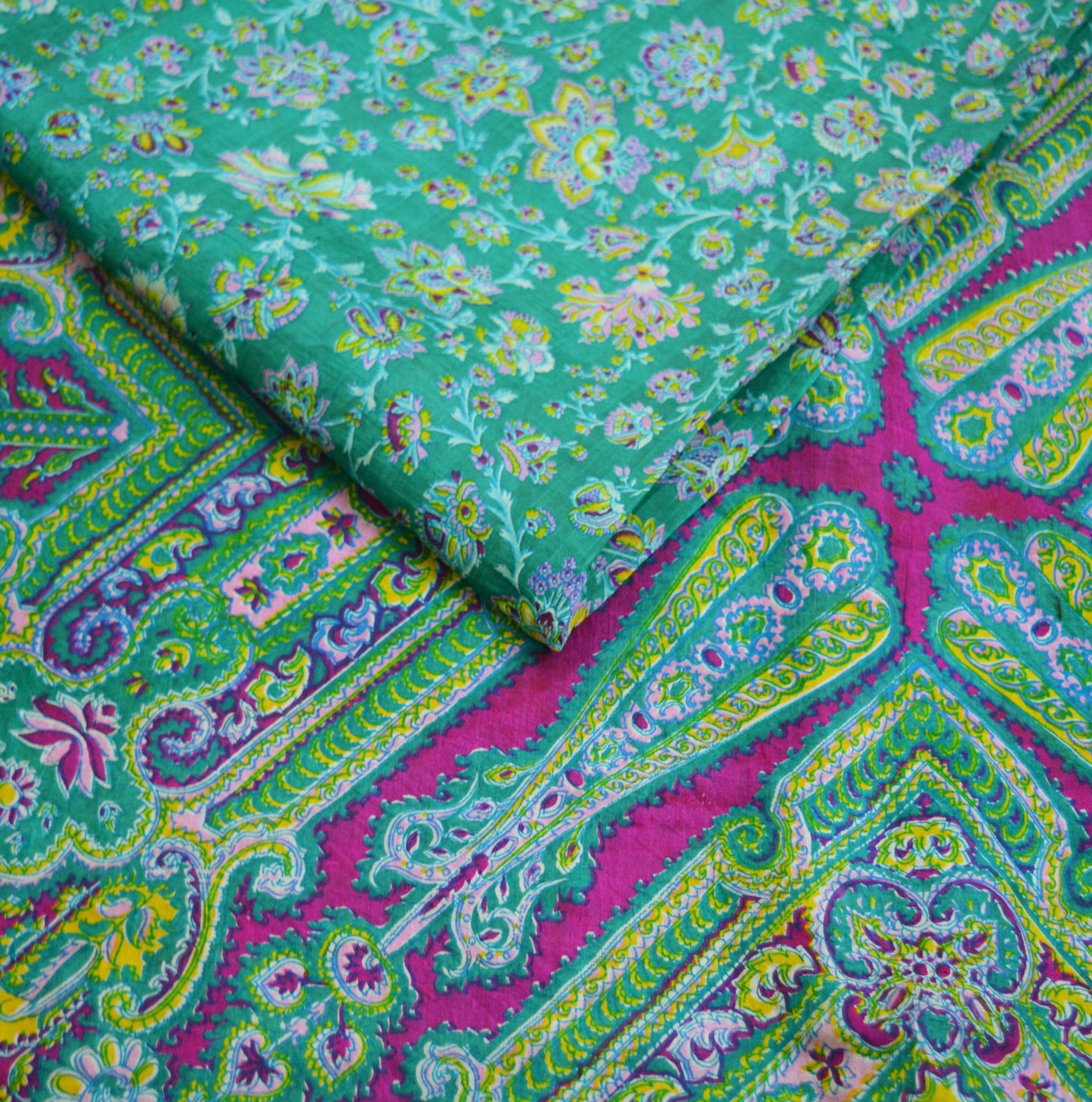 Indian Vintage Sari Pink & Green Pure Silk Printed Saree 5yd Sewing Craft Fabric DressMaking Soft Floral Ethnic