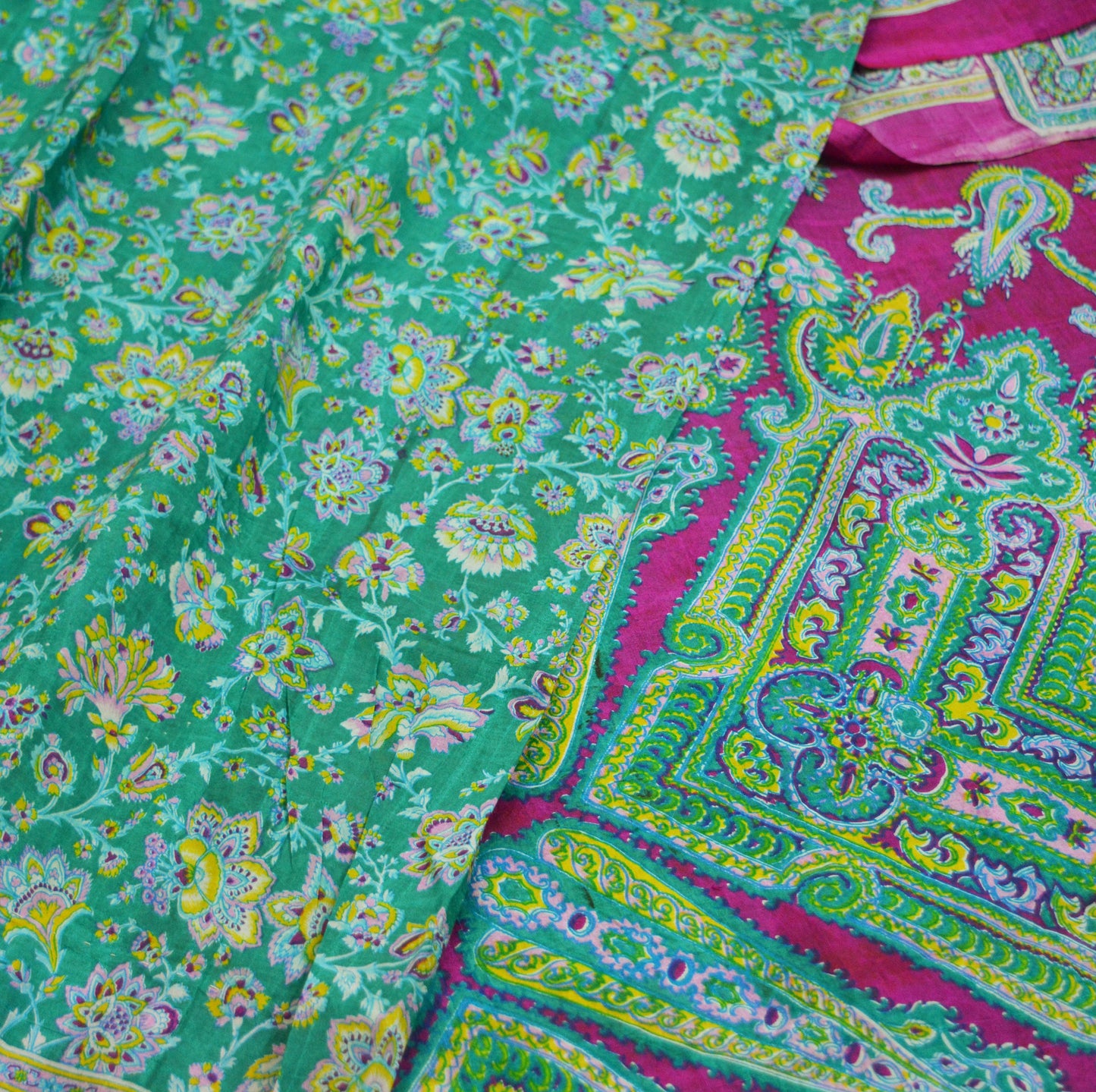 Indian Vintage Sari Pink & Green Pure Silk Printed Saree 5yd Sewing Craft Fabric DressMaking Soft Floral Ethnic