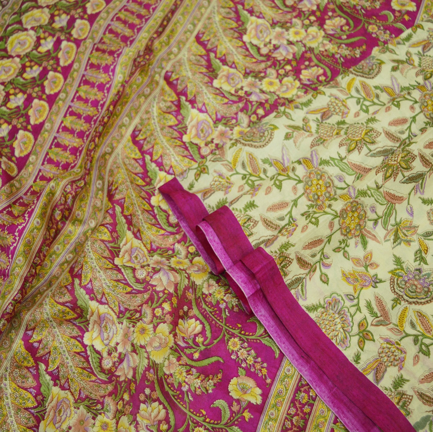 Indian Vintage Sari Ivory & Pink Pure Silk Printed Saree 5yard Sewing Craft Fabric DressMaking Soft Wrap