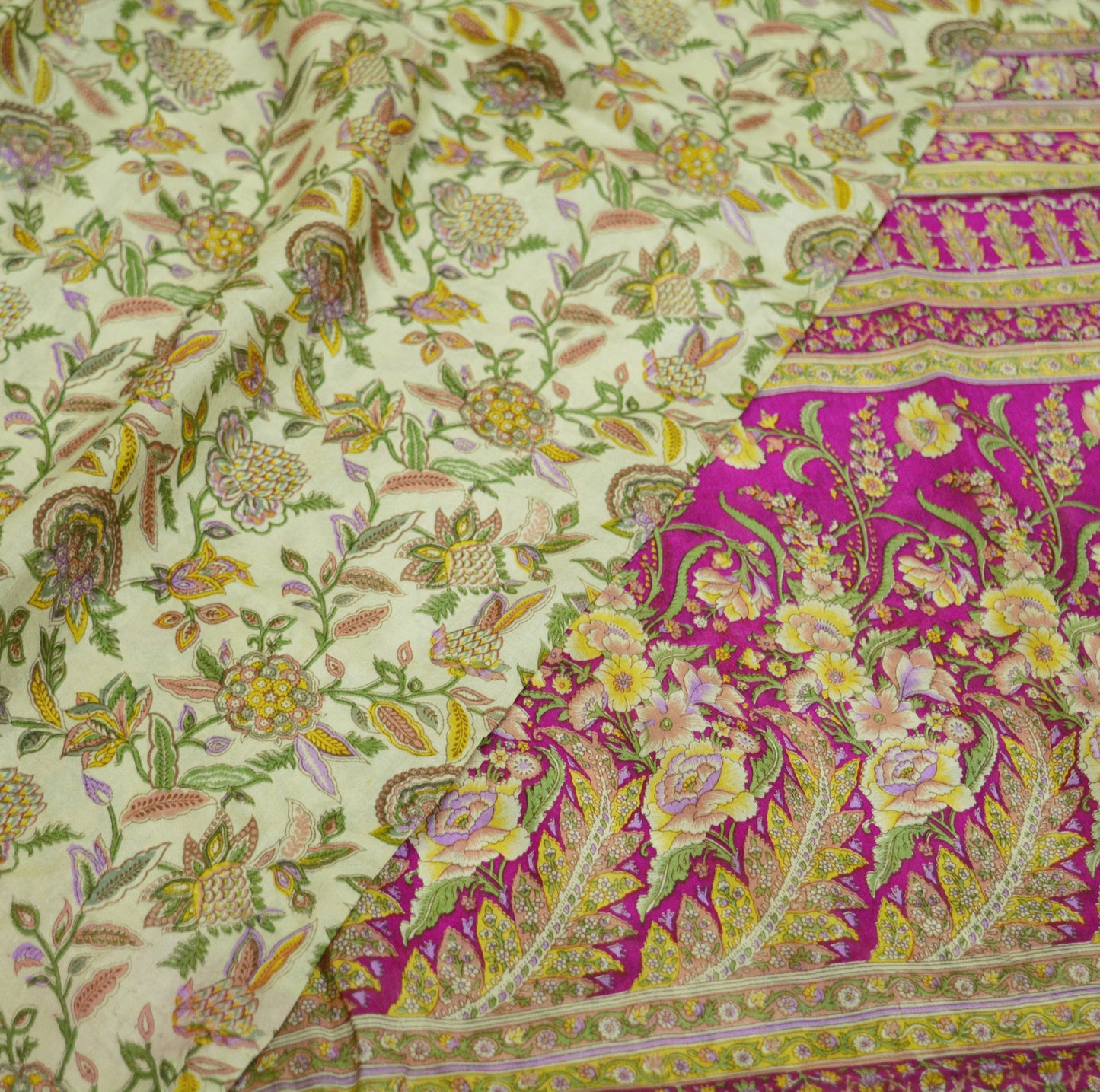 Indian Vintage Sari Ivory & Pink Pure Silk Printed Saree 5yard Sewing Craft Fabric DressMaking Soft Wrap