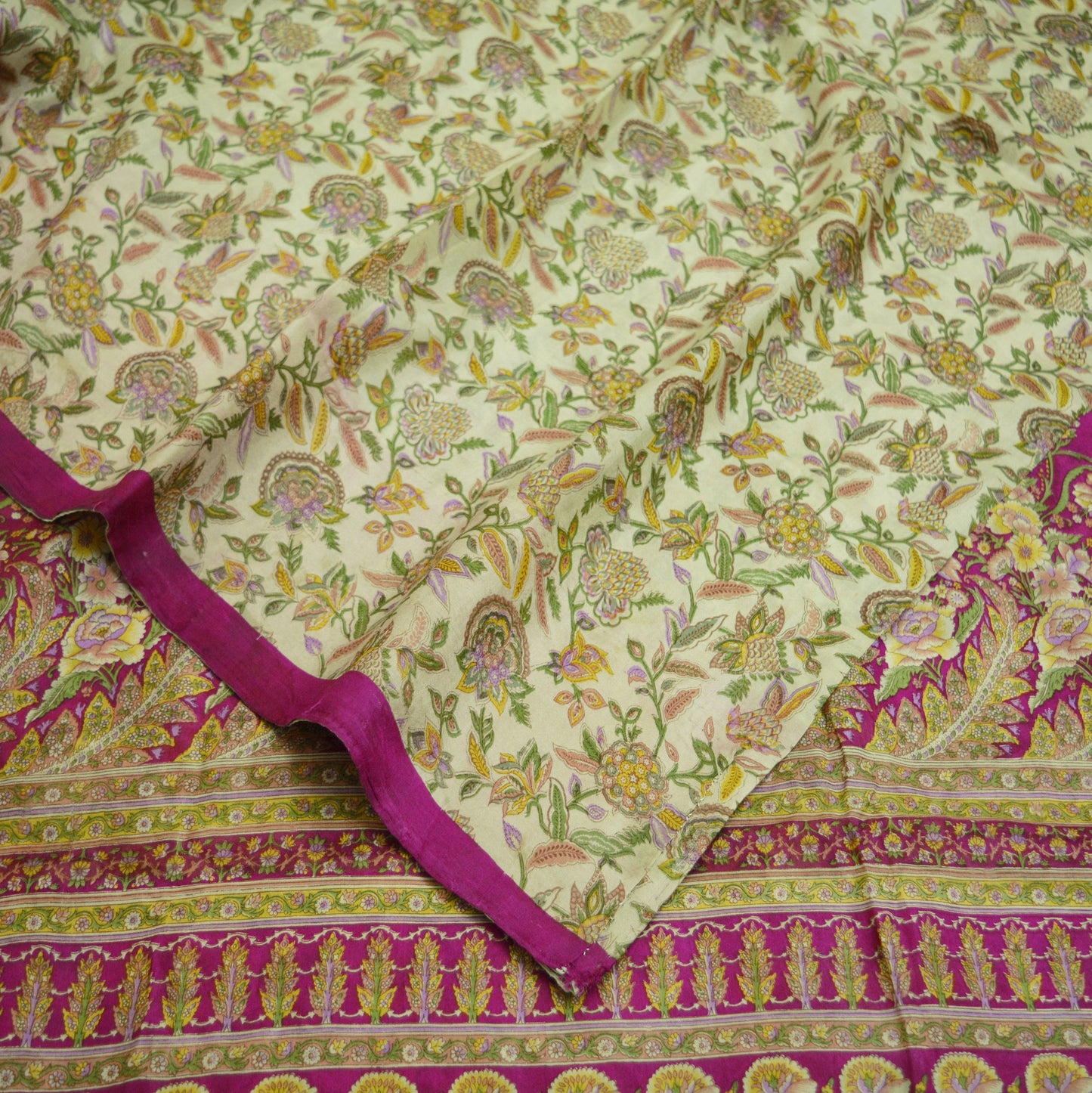 Indian Vintage Sari Ivory & Pink Pure Silk Printed Saree 5yard Sewing Craft Fabric DressMaking Soft Wrap