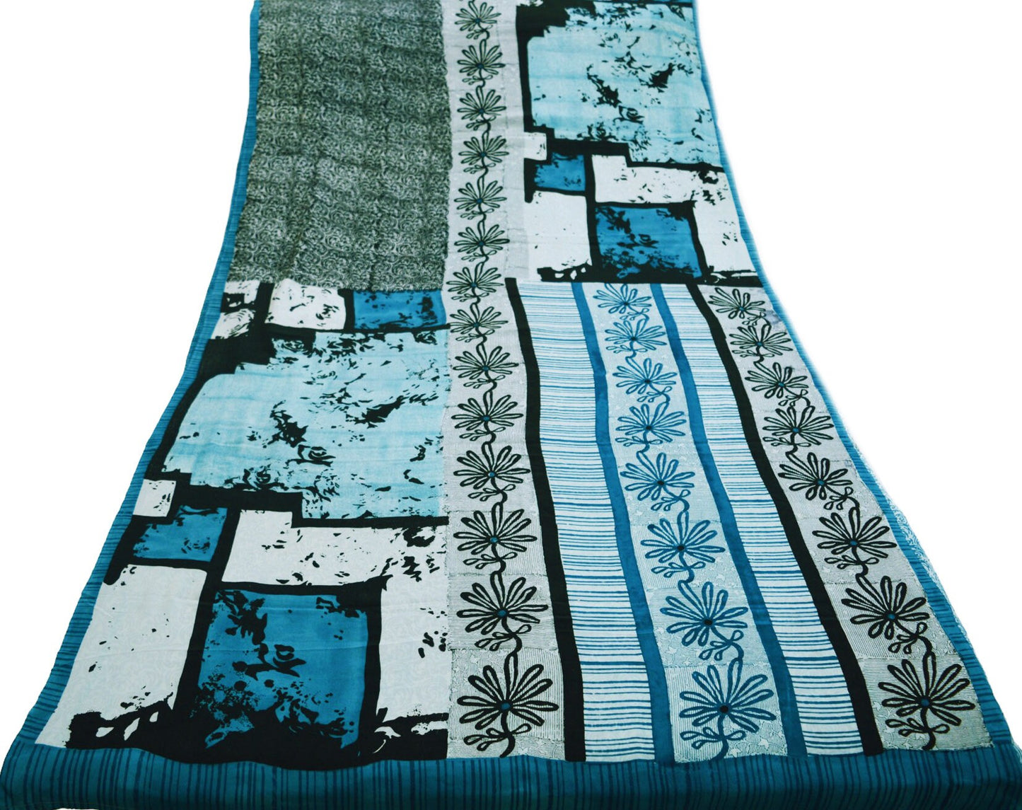 Indian Vintage Sari White & Blue Pure Crepe Silk Printed Saree 5yard Sewing Floral Soft Craft Fabric Wrap