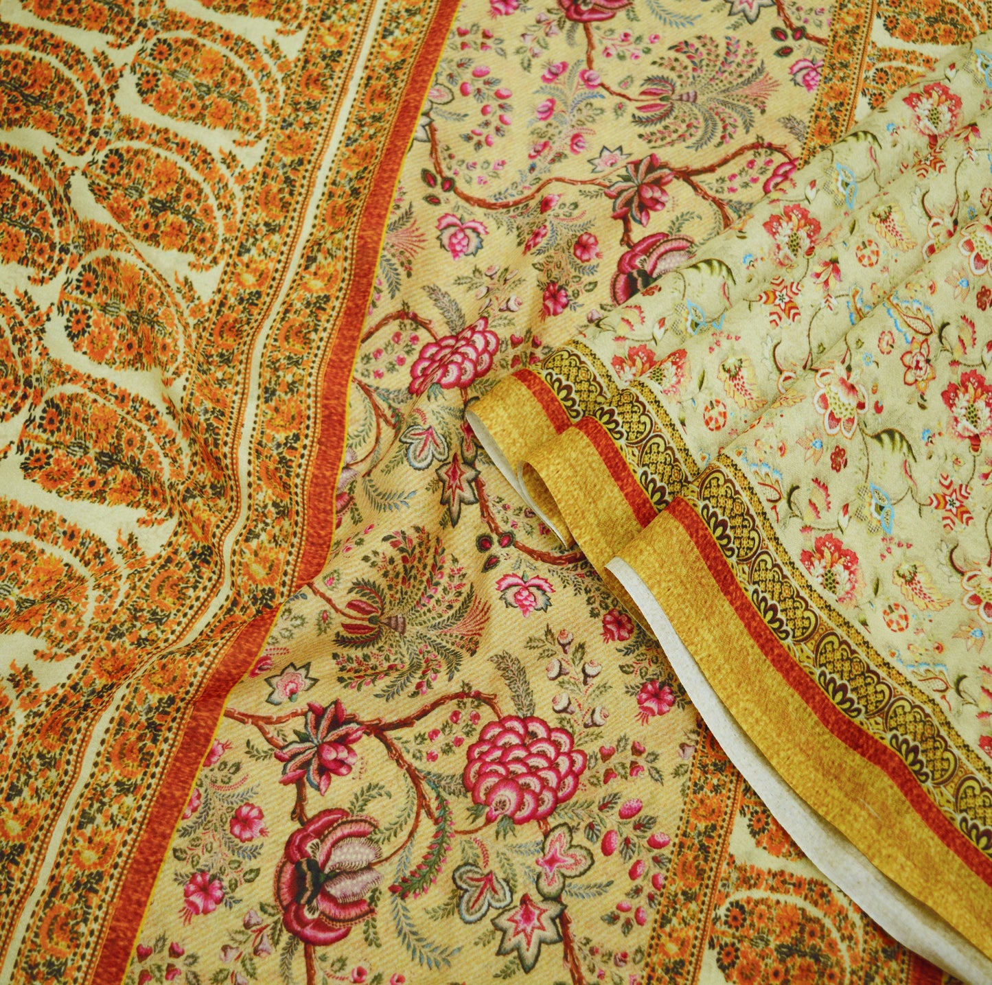 Indian Vintage Sari Ivory Georgette Digital Printed Saree Sewing 6yard Craft Soft Crafting Dress Making