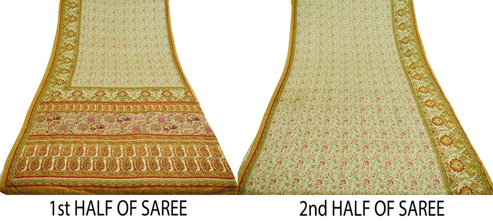 Indian Vintage Sari Ivory Georgette Digital Printed Saree Sewing 6yard Craft Soft Crafting Dress Making