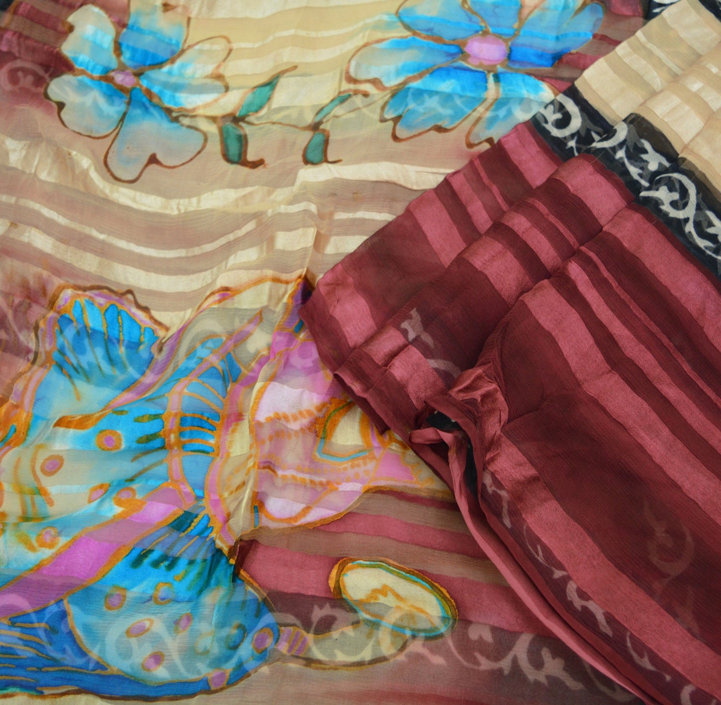 Women Vintage Sari Maroon & Beige Pure Chiffon Silk Saree Craft Fabric Sewing 6Yard Soft Light Sari Dress Making