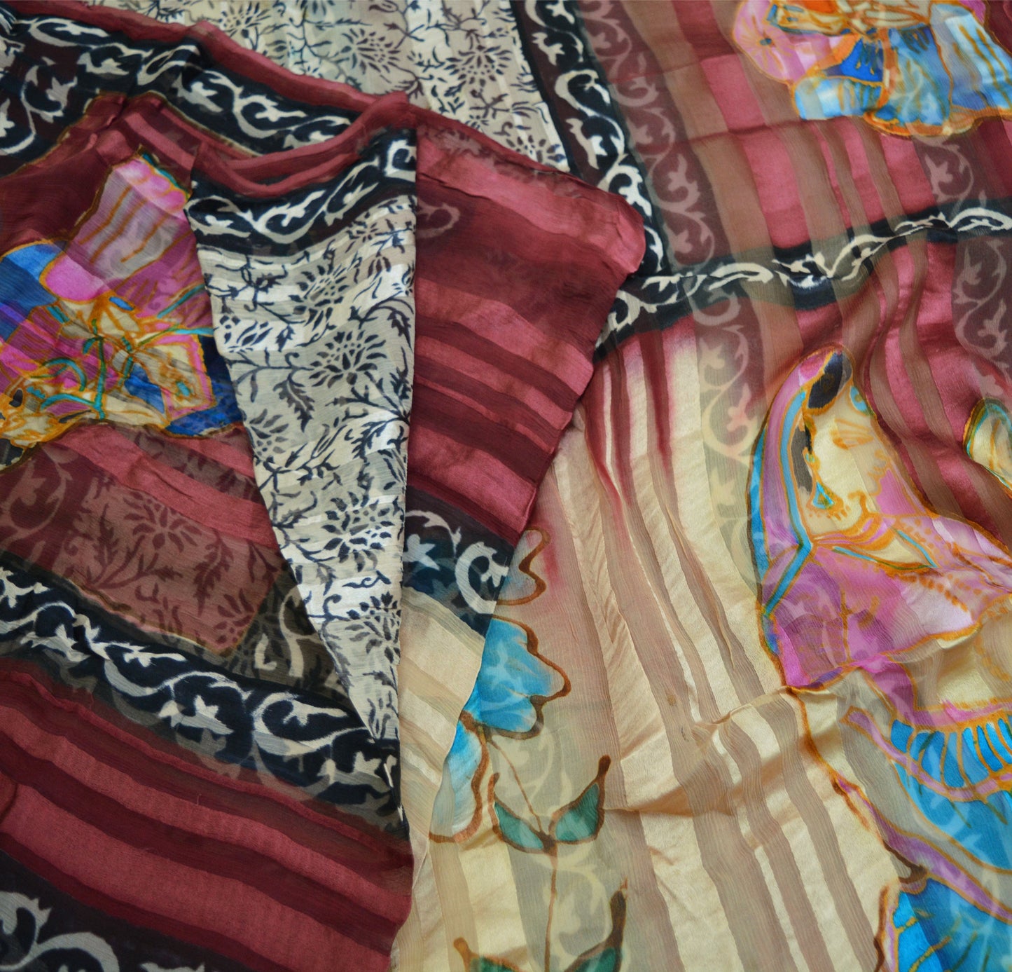Women Vintage Sari Maroon & Beige Pure Chiffon Silk Saree Craft Fabric Sewing 6Yard Soft Light Sari Dress Making