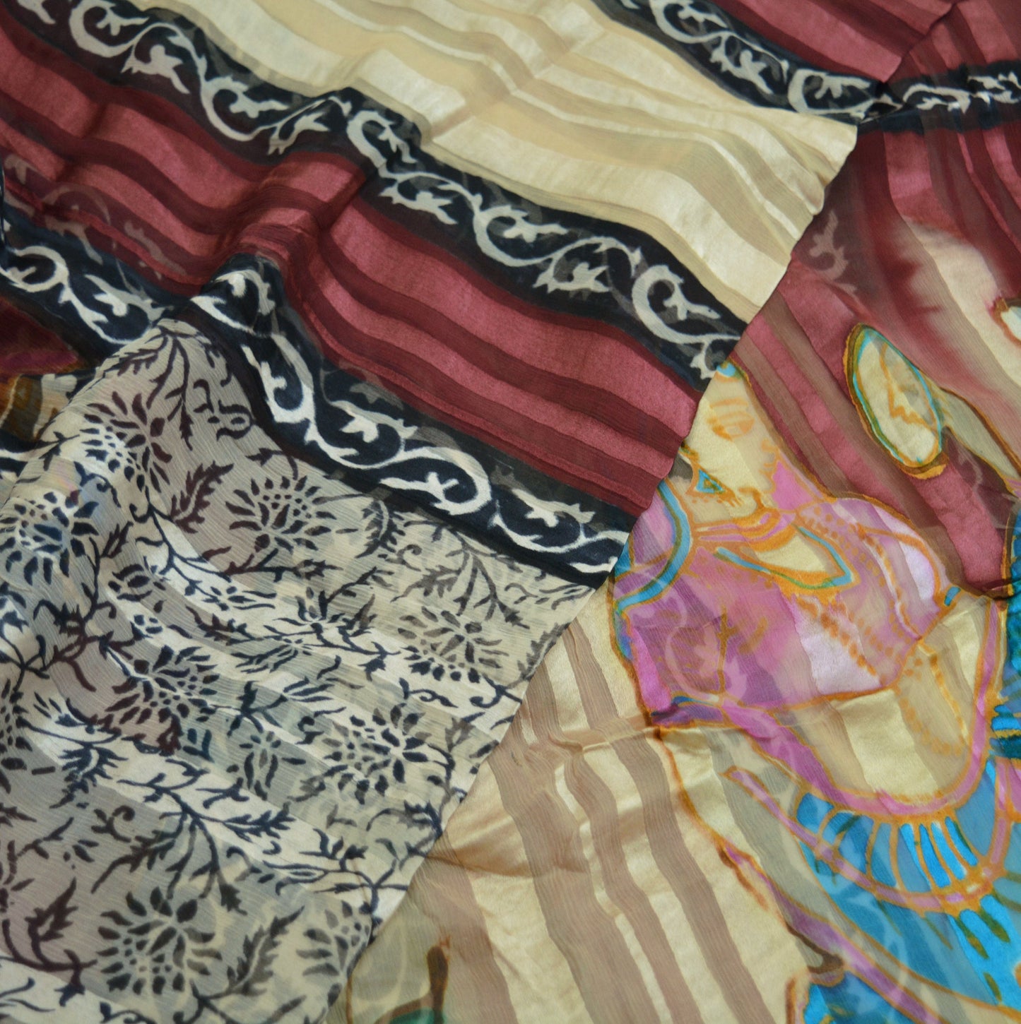 Women Vintage Sari Maroon & Beige Pure Chiffon Silk Saree Craft Fabric Sewing 6Yard Soft Light Sari Dress Making