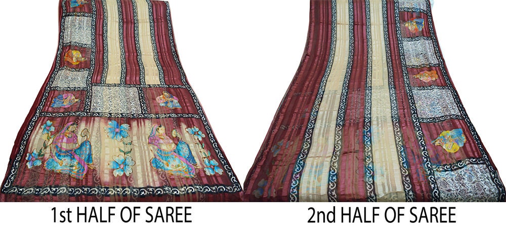 Women Vintage Sari Maroon & Beige Pure Chiffon Silk Saree Craft Fabric Sewing 6Yard Soft Light Sari Dress Making