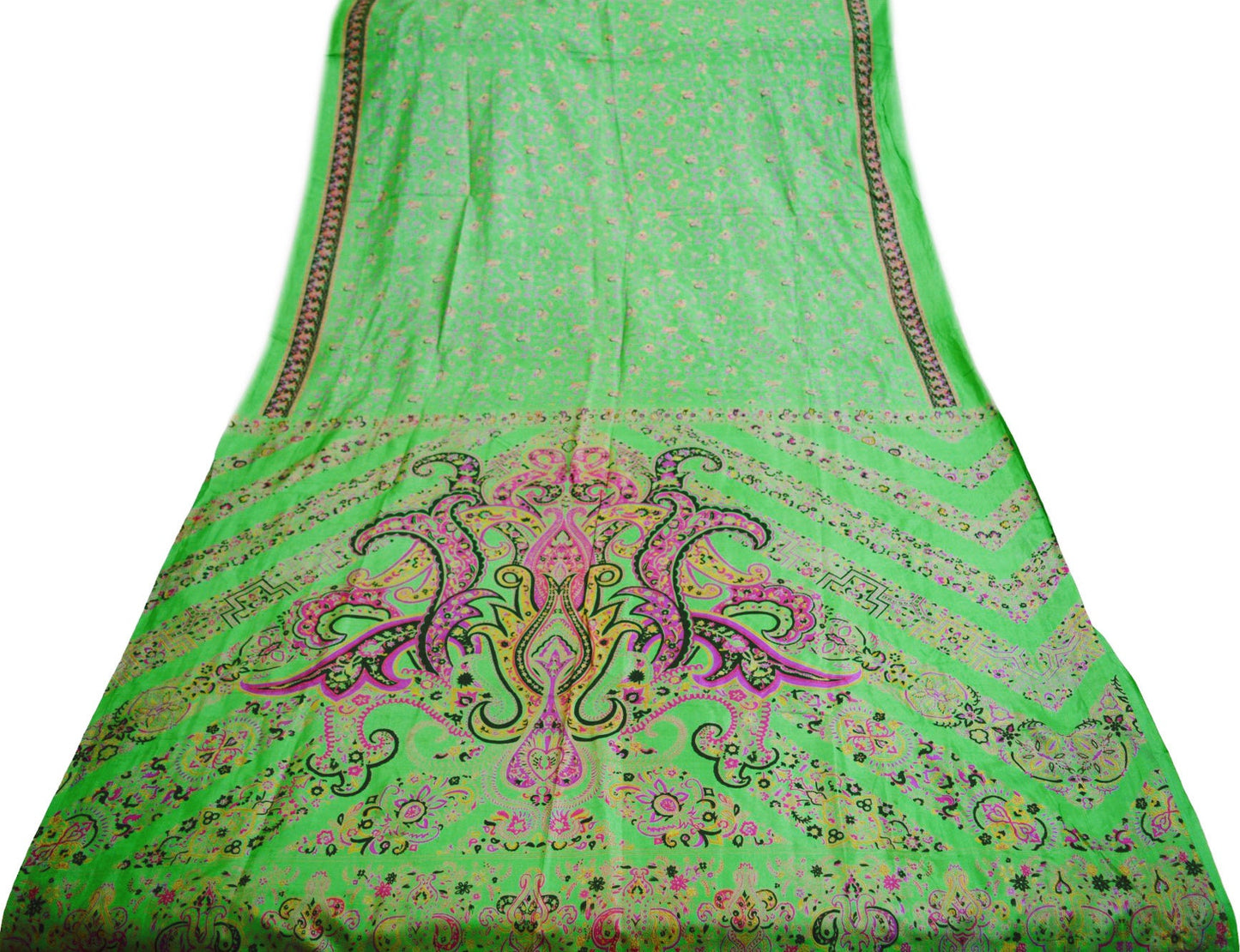 Indian Vintage Sari Green Pure Silk Printed Saree Fabric 6yd Sewing Craft DressMaking Soft Floral Design